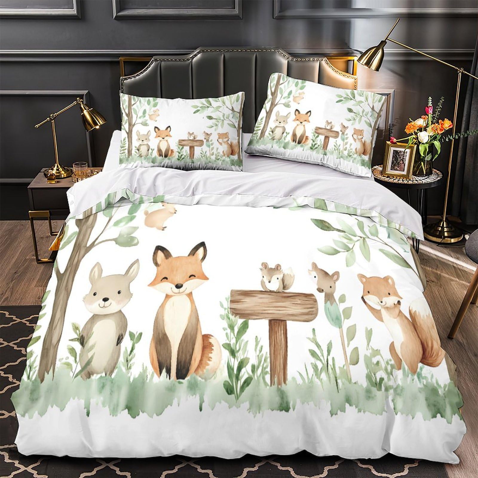 Linge de lit animaux de la forêt hypoallergénique pour lit simple enfant fille avec zip