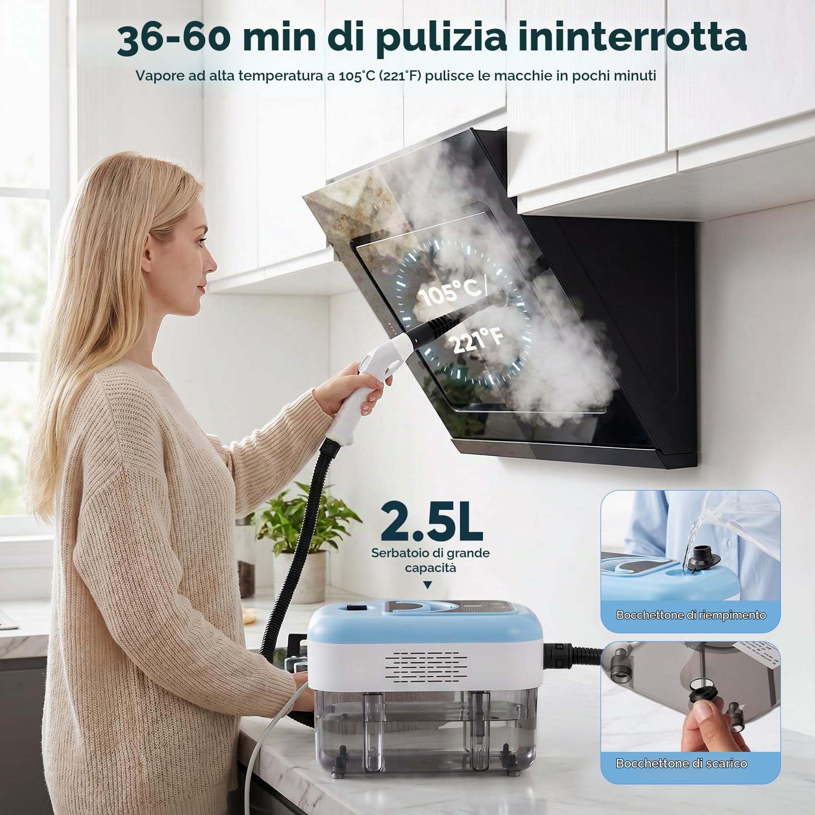 Pulitore a Vapore Portatile 2000 W, 6 Spazzole, Serbatoio 2.5 L, Pulitore a Vapore 3 Bar, con 3 Velocità Regolabili, per la casa multiuso, per finestre, cappe, tessuti