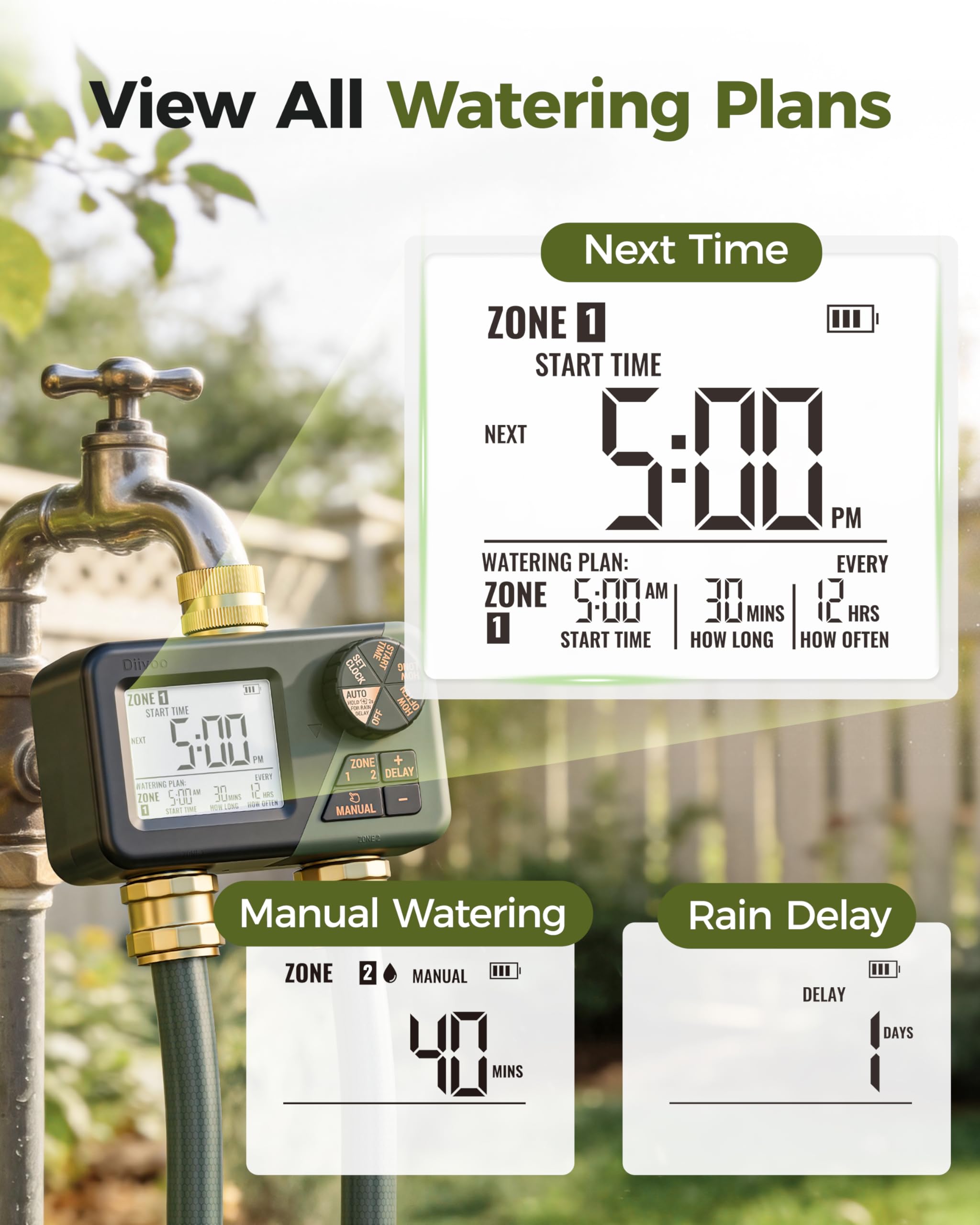 Diivoo Brass Sprinkler Timer 2 Zone, IP66 Waterproof Programmable Water Hose Timer 2 Outlet with Large Display, Rain Delay & Manual Watering for Outdoor Automatic Irrigation of Garden, Lawn, Yard - 4