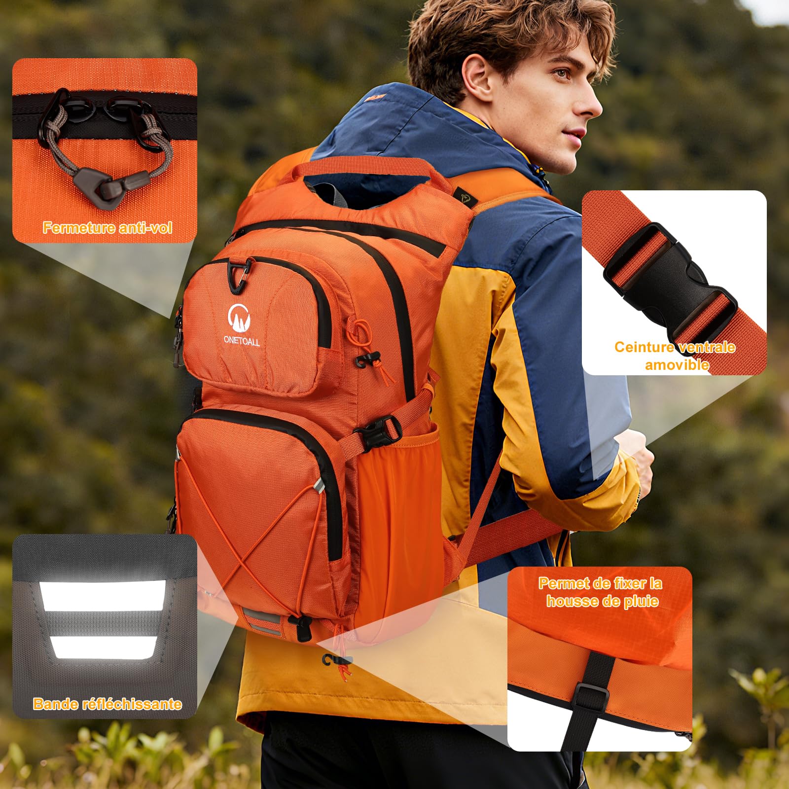 Sac à dos d'hydratation de 22 L, sac à dos de randonnée avec poche étanche de 2 L, housse de pluie cousue, compartiment isotherme pour homme et femme, course à pied, cyclisme, camping