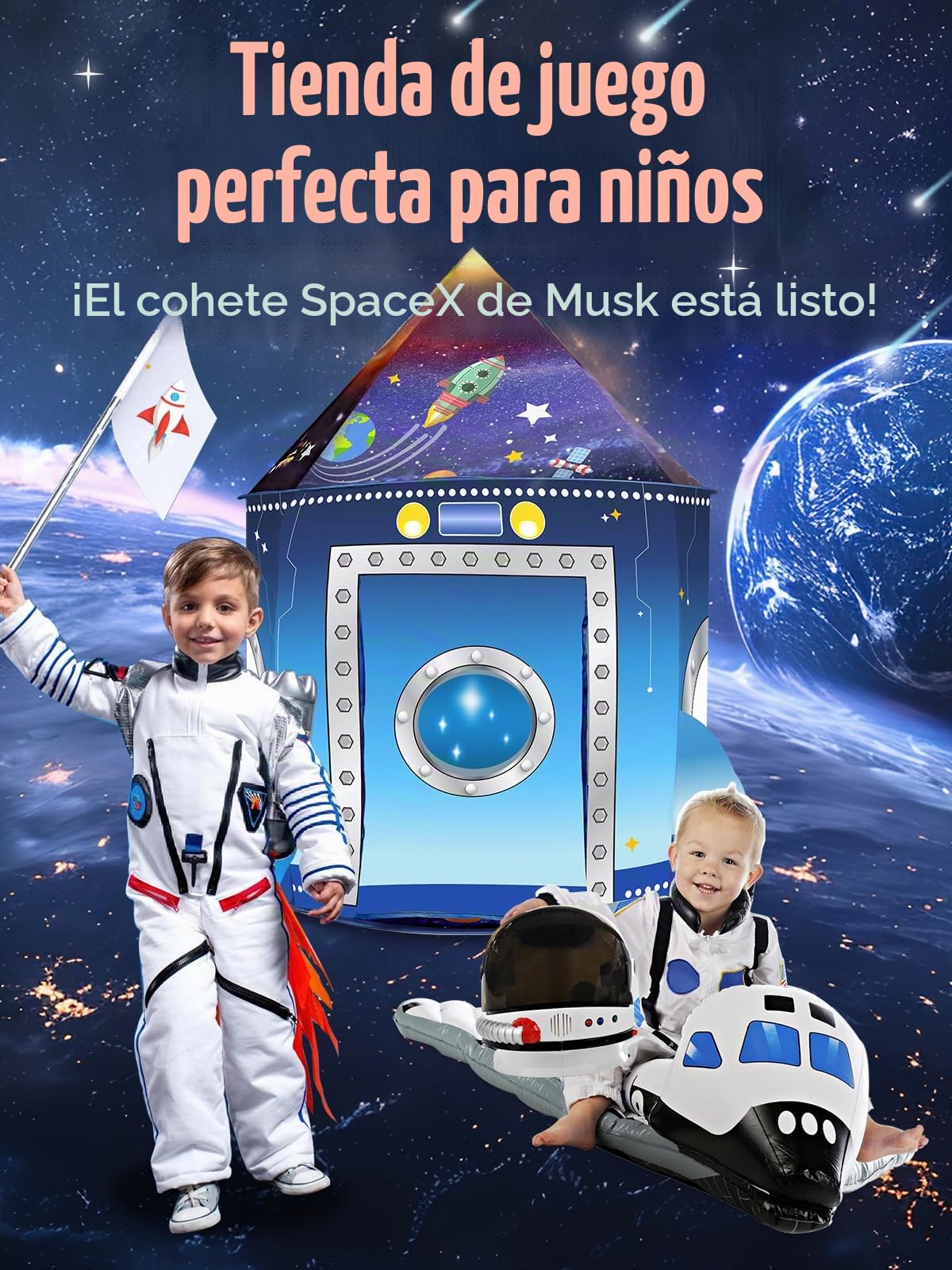 Tienda campaña Cohetes Sala Juegos bebés niños Interior Exterior Nave Espacial Tienda con temática Astronauta Emergente Juguete Espacial portátil Tienda Fiesta Disfraces en Casa Regalo de cumpleaños