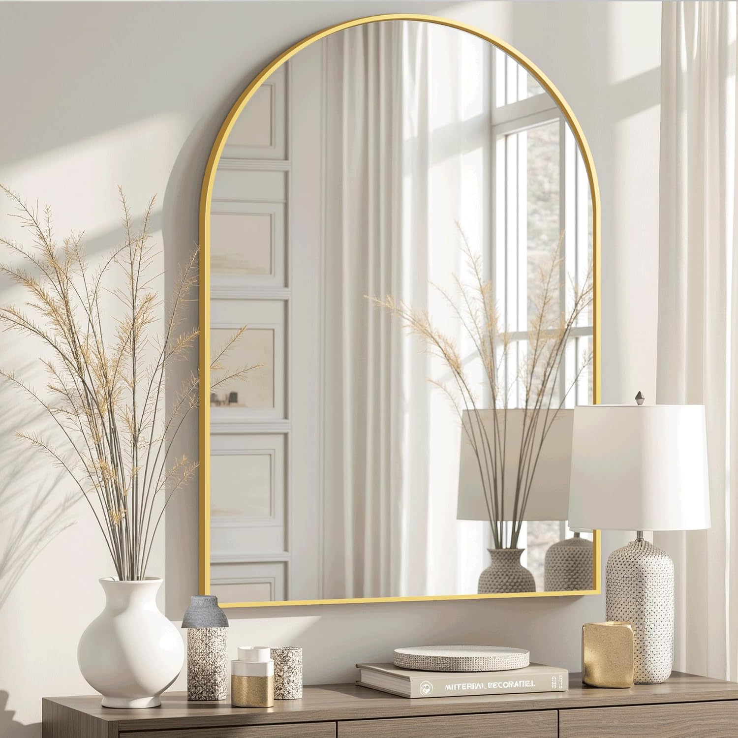 Arched Bathroom Mirror for Wall, Mirror for Vanity,38''x26'' Large Wall Mounted Mirror, Metal Frame (38''x26'', Gold) Gold 38"L x 26"W