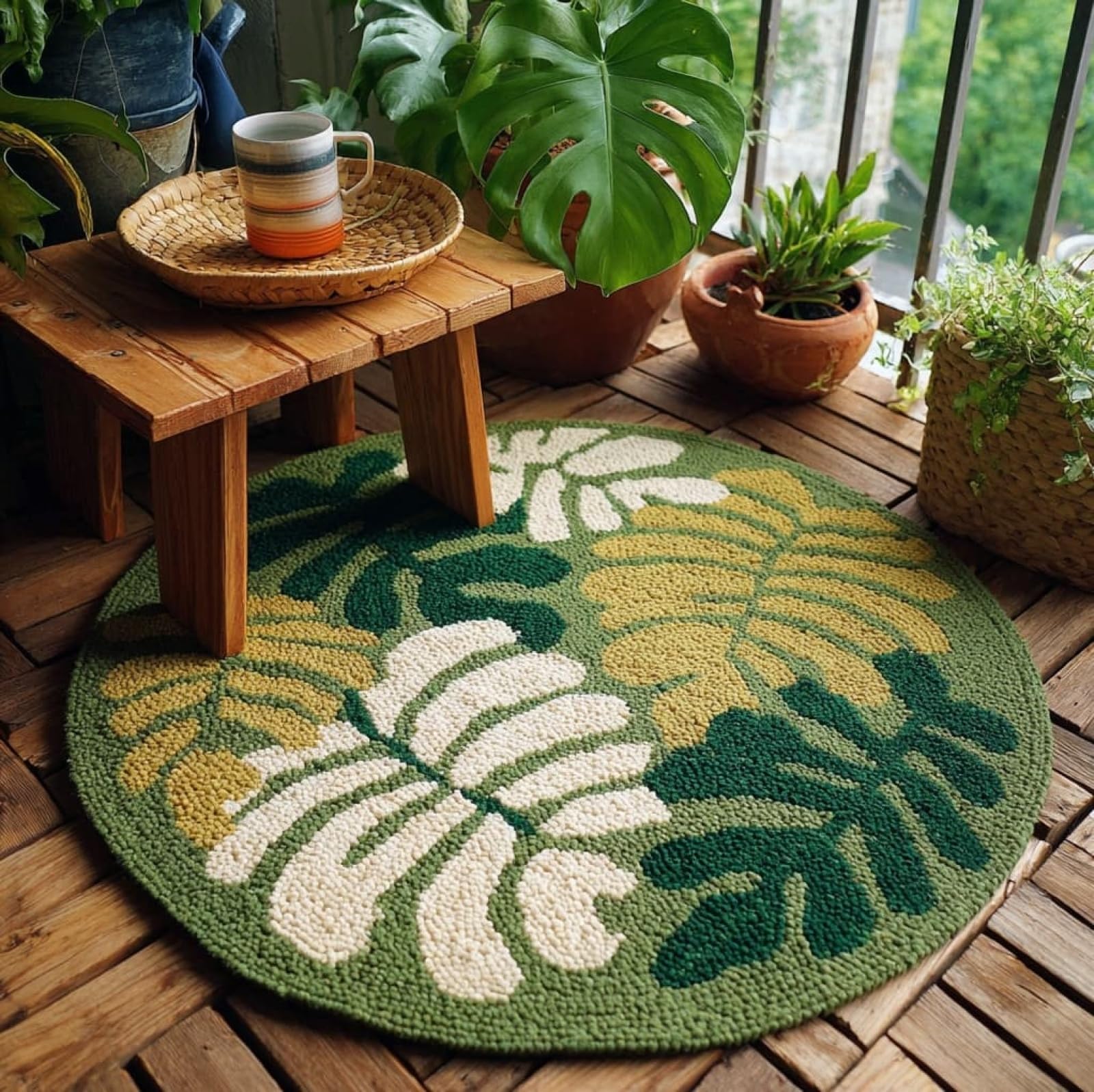 WallustrioaW DIY Latch Hook Rug,Tropical Palm Leaves,Crochet Kits Embroidery Kits Home Carpet Rug Making Canvas,Needlework Crafts for Home Decor,50x50cm