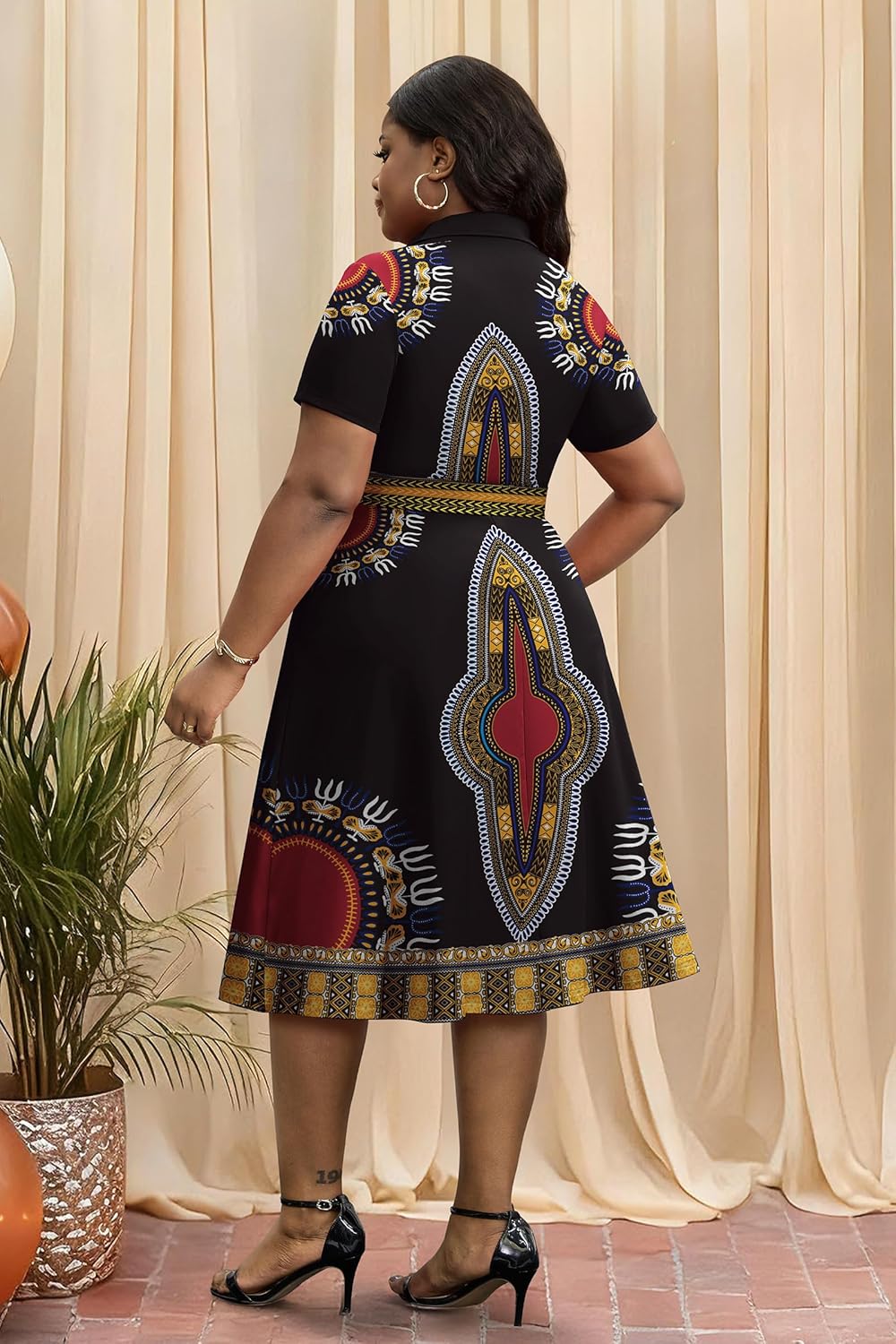 FANDEE Plus Size Dresses, Women Summer Casual V Neck Short Sleeve A-Line Cocktail Shirt Midi Dress with Belt and Pockets - Image 5