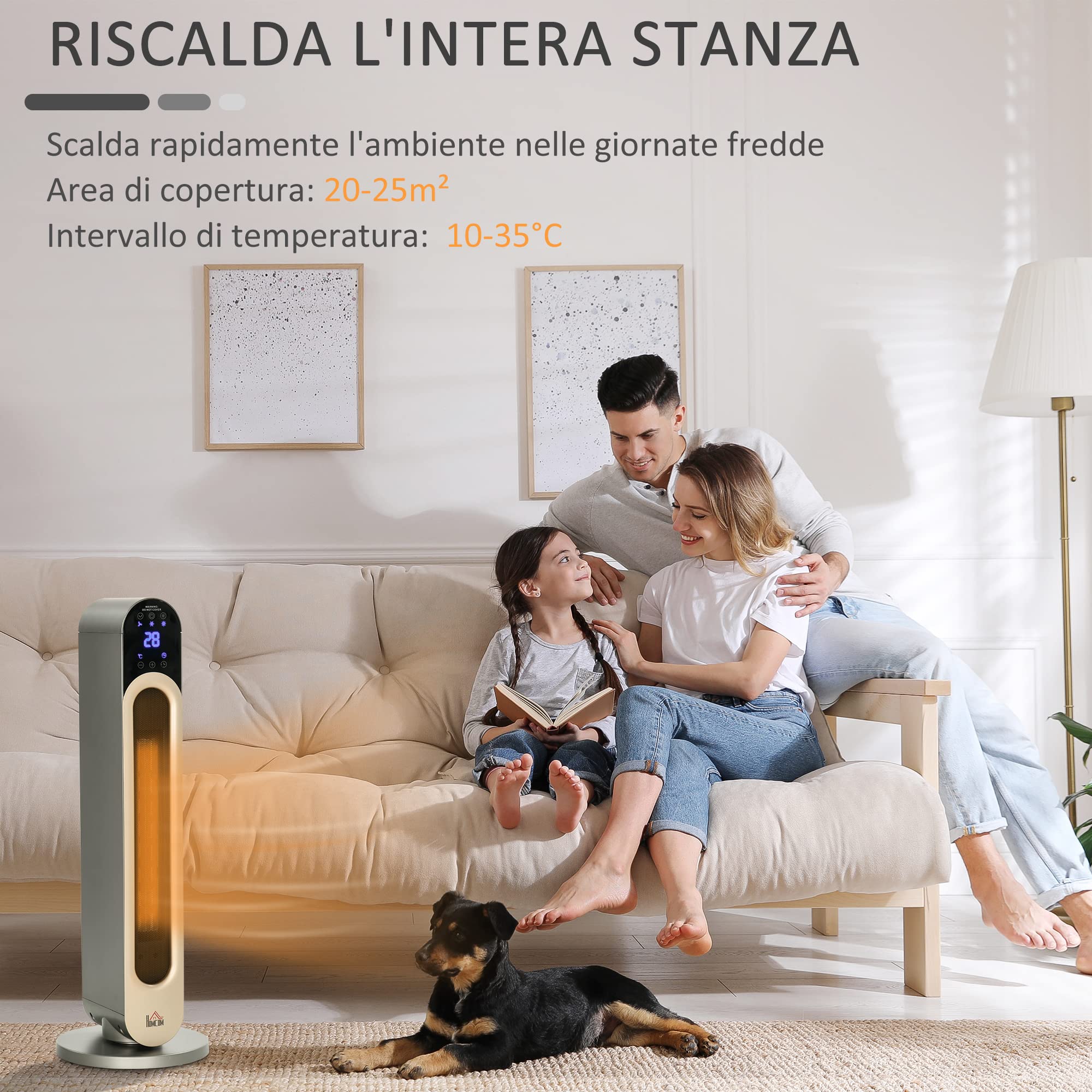 HOMCOM Stufa Elettrica Basso Consumo PTC con Timer Ø25x73.5 cm Argento Oro | Oscillante, 3 Modalità Di Riscaldamento, Termoventilatore con Temperatura Regolabile, Telecomando, in ABS