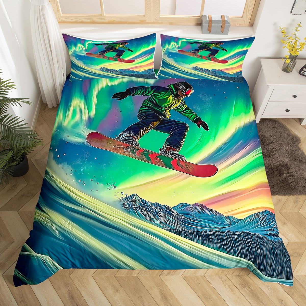 Aurora Skiing Bedding Set Double,Winter Ski Themed Duvet Cover for Kids Adults,Snowboard Skier Bed Set Snow Mountain Scene Duvet Cover with 2 Pillowcases Room Decor (No Comforter)
