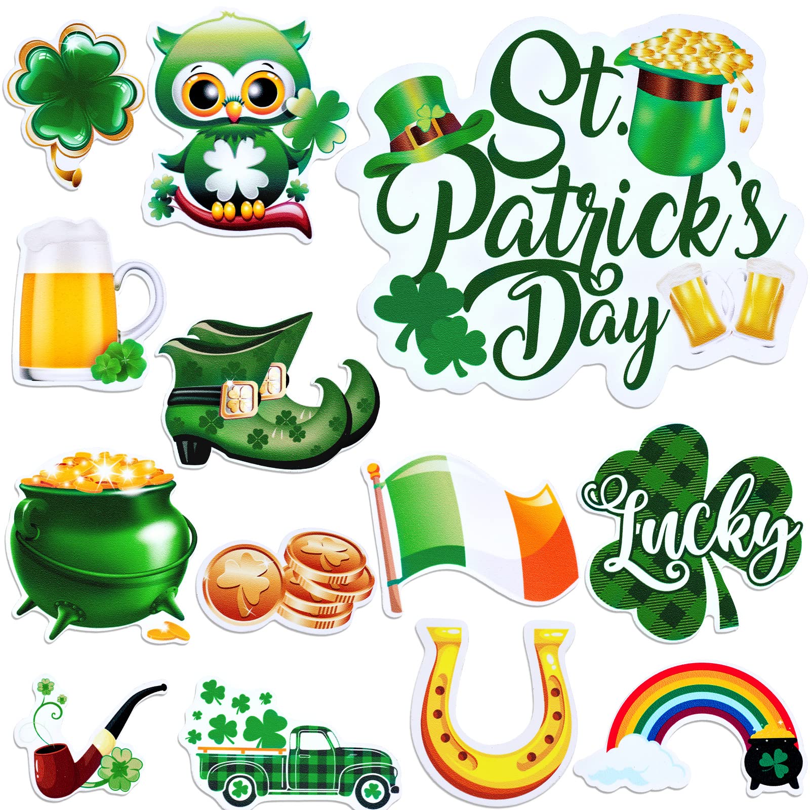 Weewooday 13 Pieces St. Patrick's Day Decoration Car Magnet Clovers Refrigerator Decorative Horseshoe Owl Magnet for Refrigerator, Garage, Mailbox, Metal Door Decor