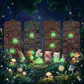 Glow in the Dark Version, Set of 4, No Duplicates, Squishy Stickers, 3D, Character Style, Marshmallow Feel, Squeeze Style, Sticker Book, Decoration Glow in the Dark Edition 4SET