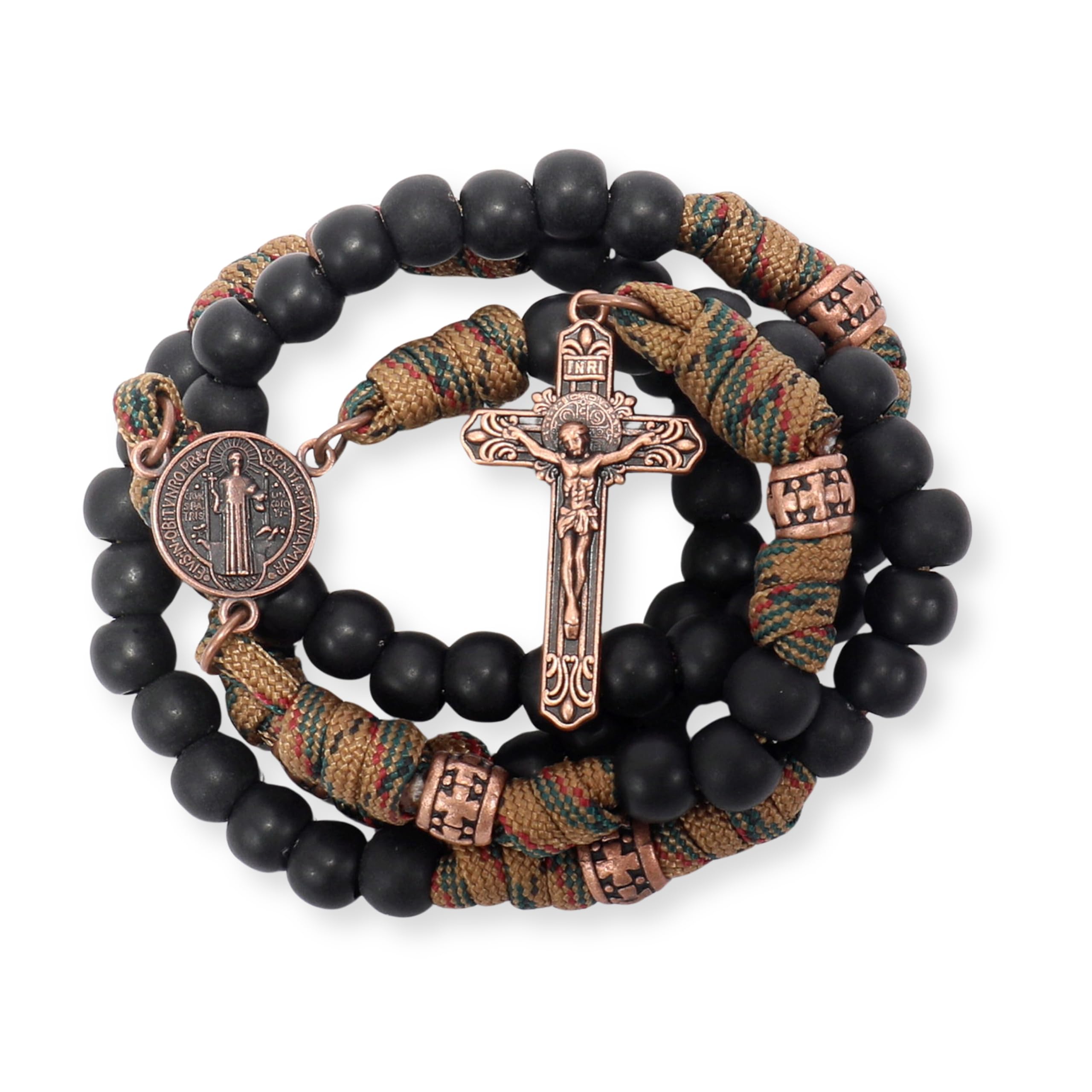 Sklep Nazareth Antique Bronze St Benedict Paracord Różaniec Czarne matowe koraliki Czerwony Biały Wytrzymały Różaniec Mocny sznurkowy naszyjnik