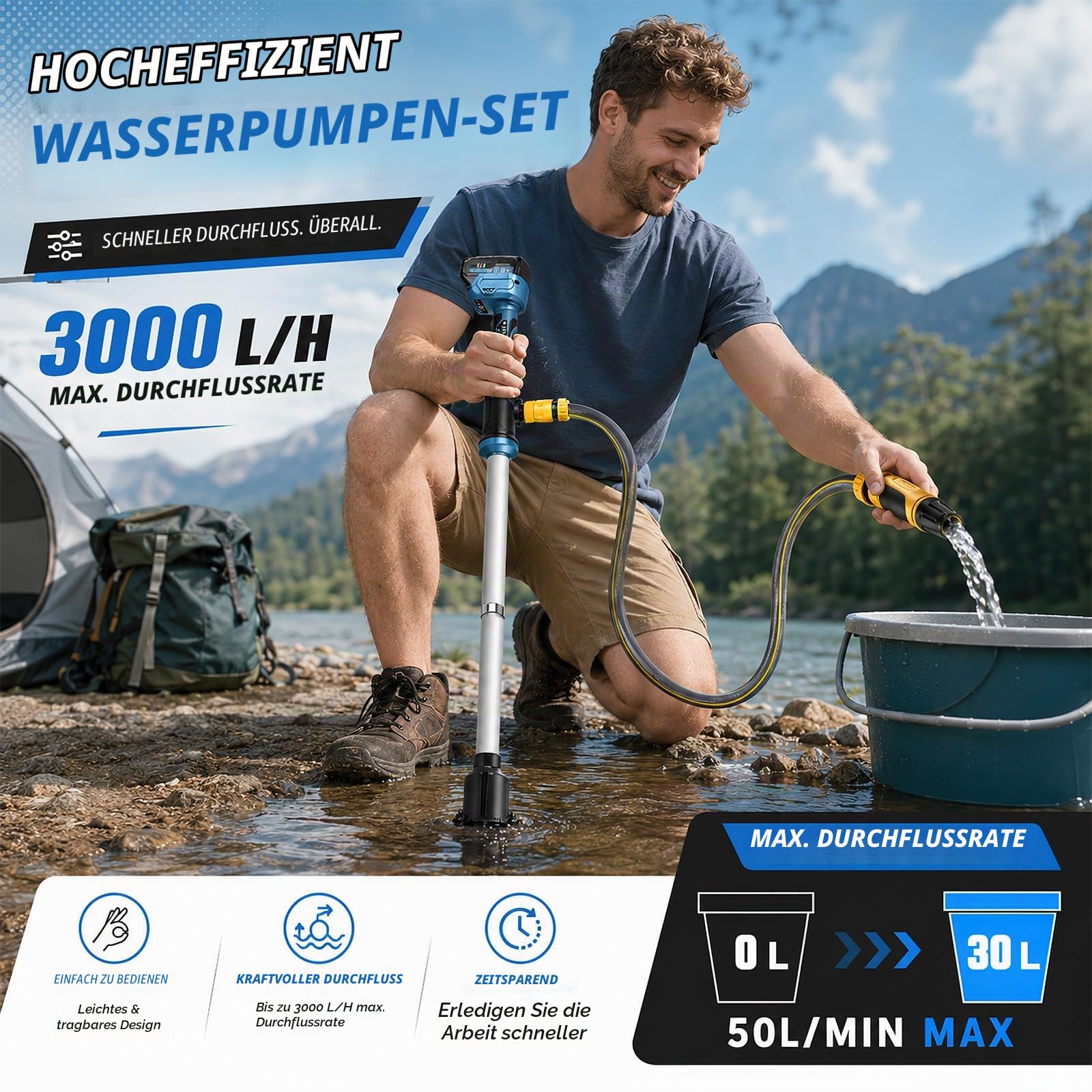 Akku Regenfasspumpe Kompatibel mit Makita 18V, Kabellose Stab-Wassertransferpumpe 3000 L/h, 6m Förderhöhe,Bürstenlos Tragbare Sumpfpumpe Für Pool/Garten/Teich/Wohnmobil/Boot (2 Akku)