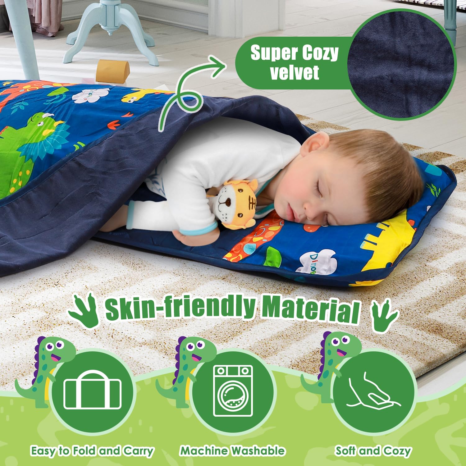 Alfombra De Siesta Portátil Para Niños Pequeños – Con Almohada Y Manta Térmica, Anticorrientes, 21x51 Pulgadas, Ideal Para Guardería Y Viajes