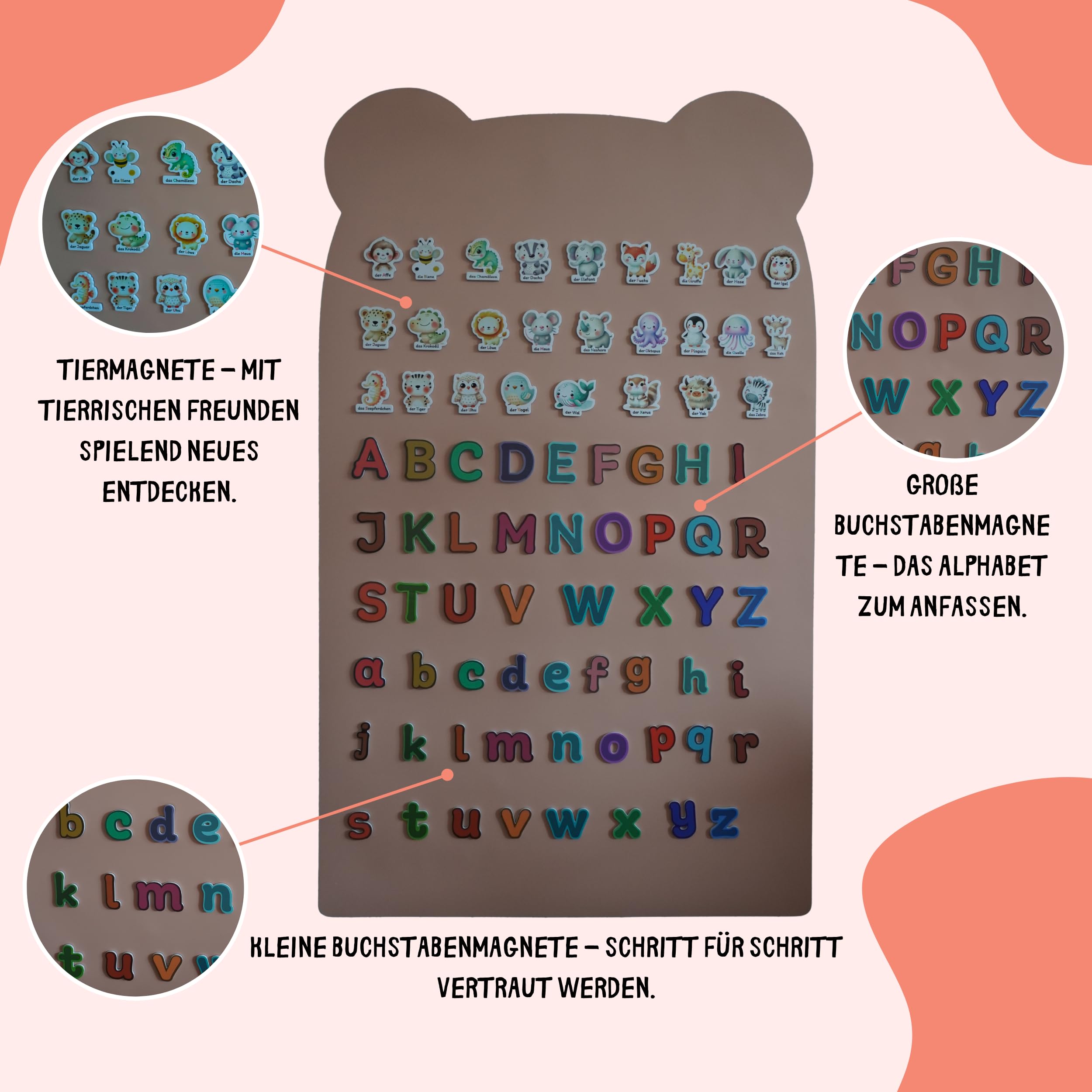 Magnettafel Kinder 100x60 – Deutsch beschriftete Tiermagnete, selbstklebende Magnetwand Kinder & Magnetfolie mit Buchstabenmagneten, Montessori Lernspielzeug für Kinderzimmer mit Stiften