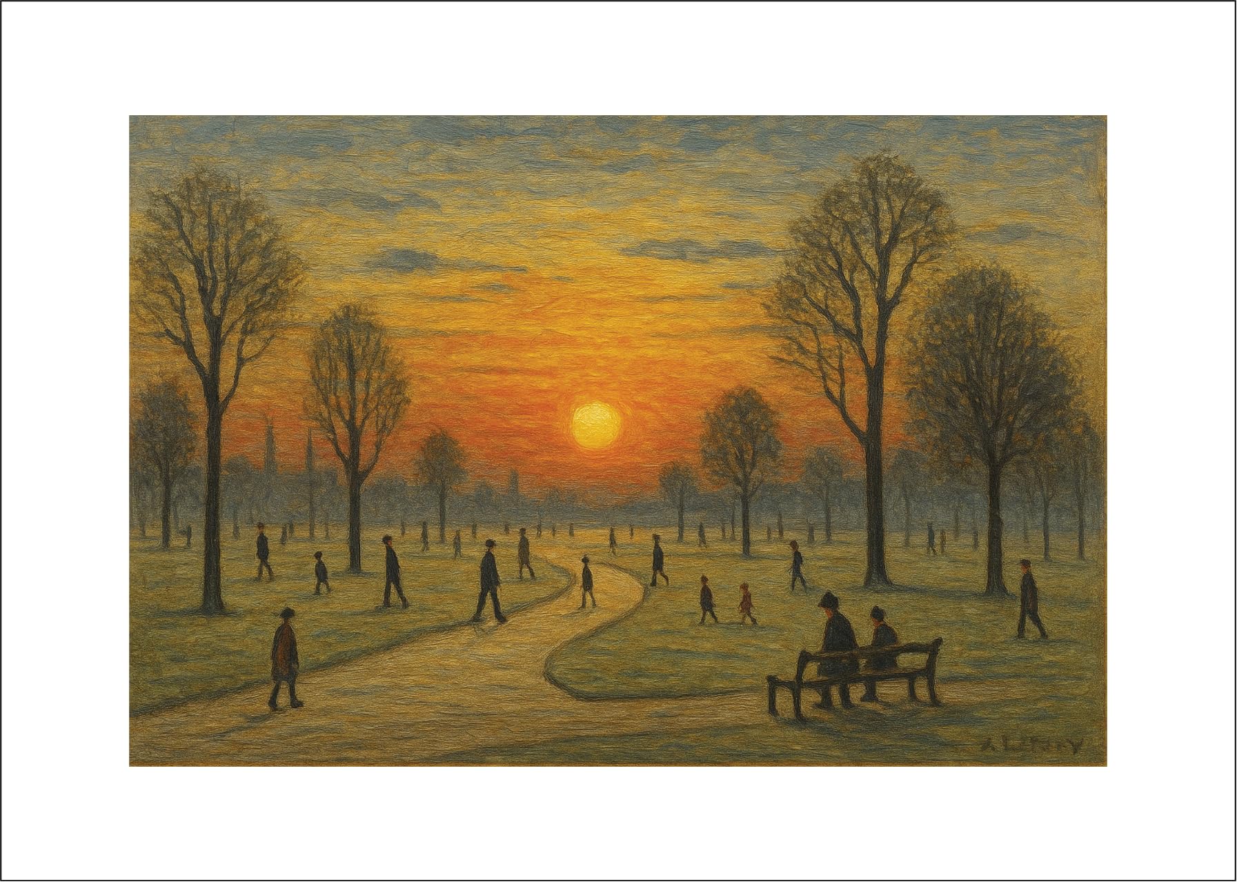Greetingles Assorted Lowry Style Giclée Art Print 30 X 21Cm. Choice Of Designs And Frames. (Sunrise)