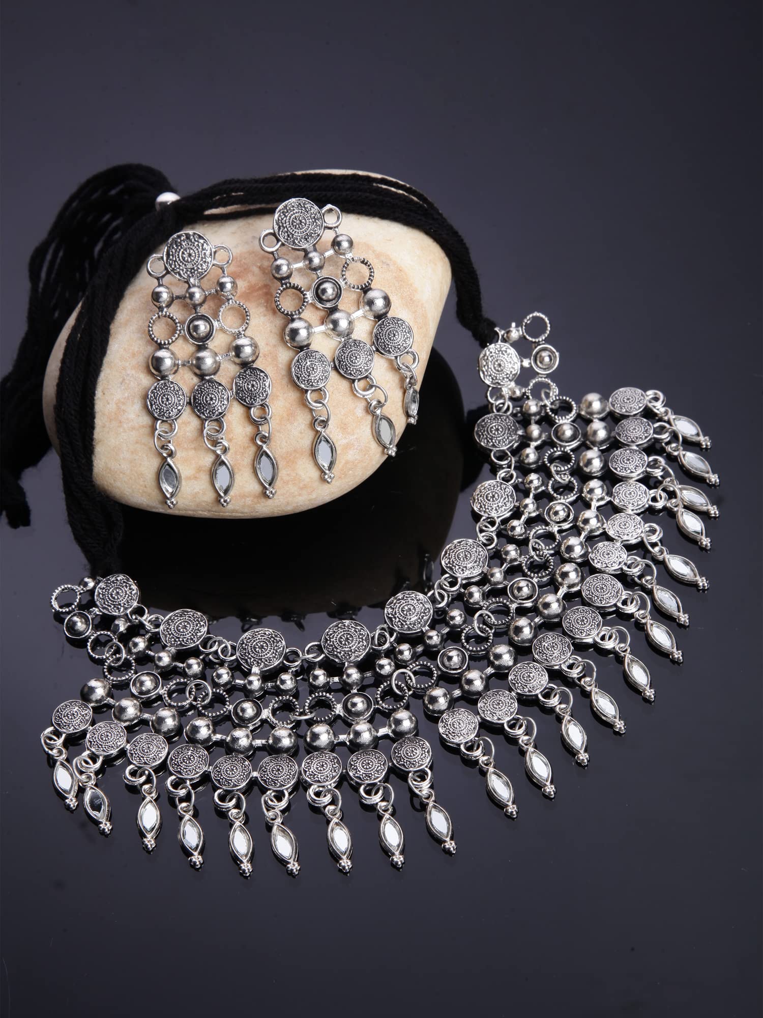 Samyuktha Set di gioielli da donna in argento ossidato tradizionale elegante (13158s), metallo, senza pietre preziose, Metallo, Nessuna pietra preziosa