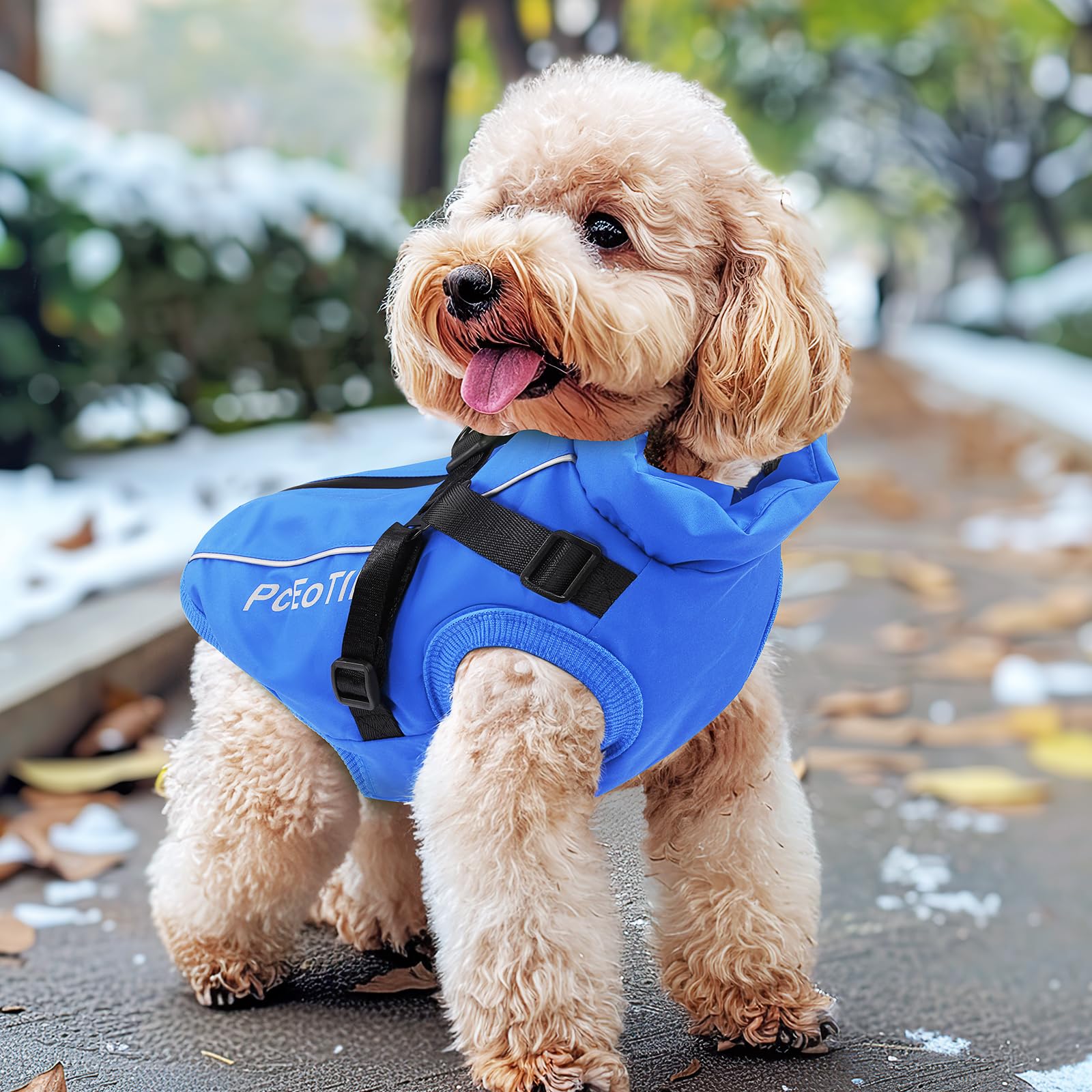 PcEoTllar Abrigo Impermeable para Perros pequeños, Chaqueta Reflectante cálida con arnés para Invierno, Disfraz de esquí, suéter de algodón para Perro, Azul, S