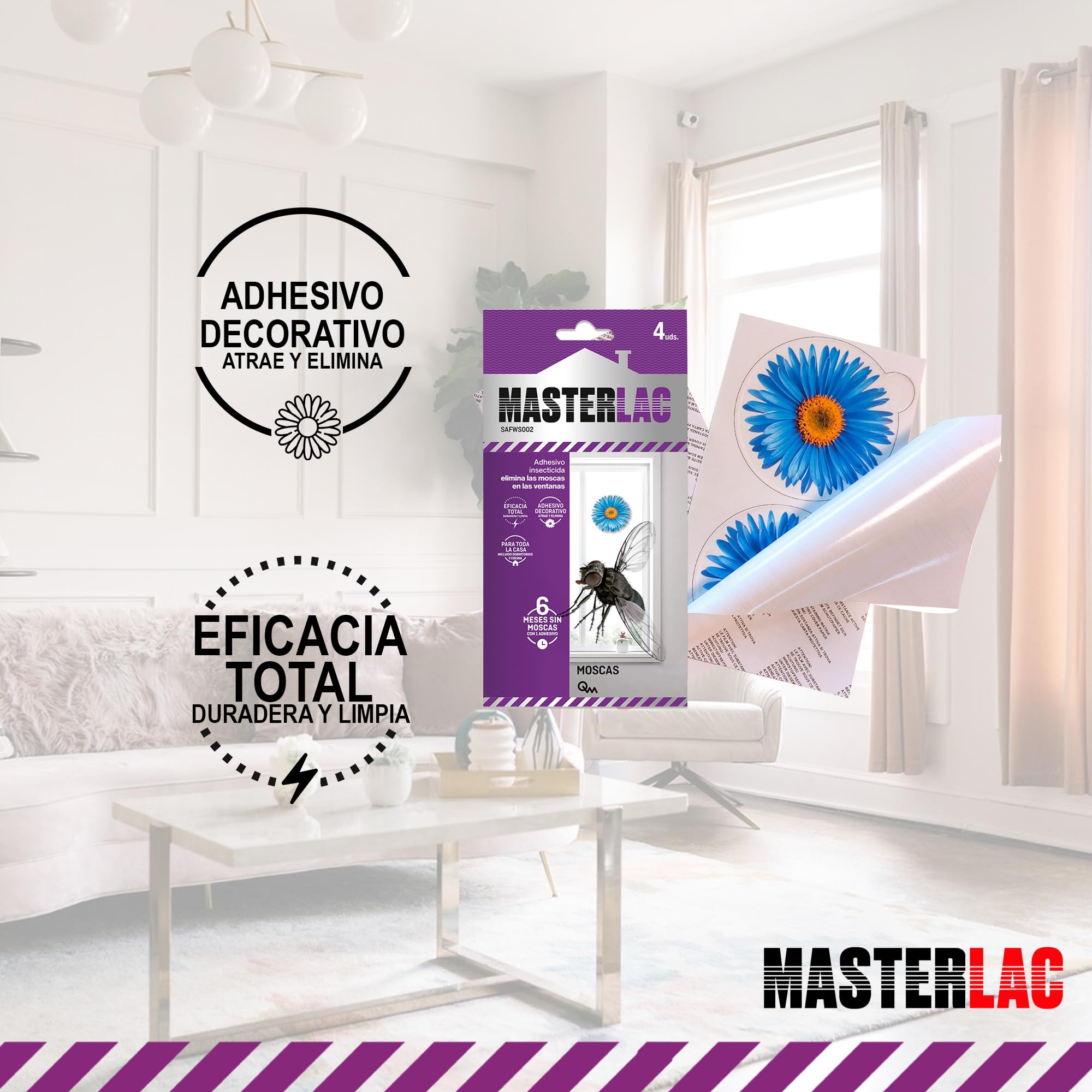 MASTERLAC - Insecticida Moscas Adhesivo-Flor - 4 Uds - Insecticida Decorativo Ventanas - 1 Adhesivo Protege 6 Meses - las Moscas Mueren Lejos de la Trampa - con Dinotefurán - Eficacia Total sin Olores