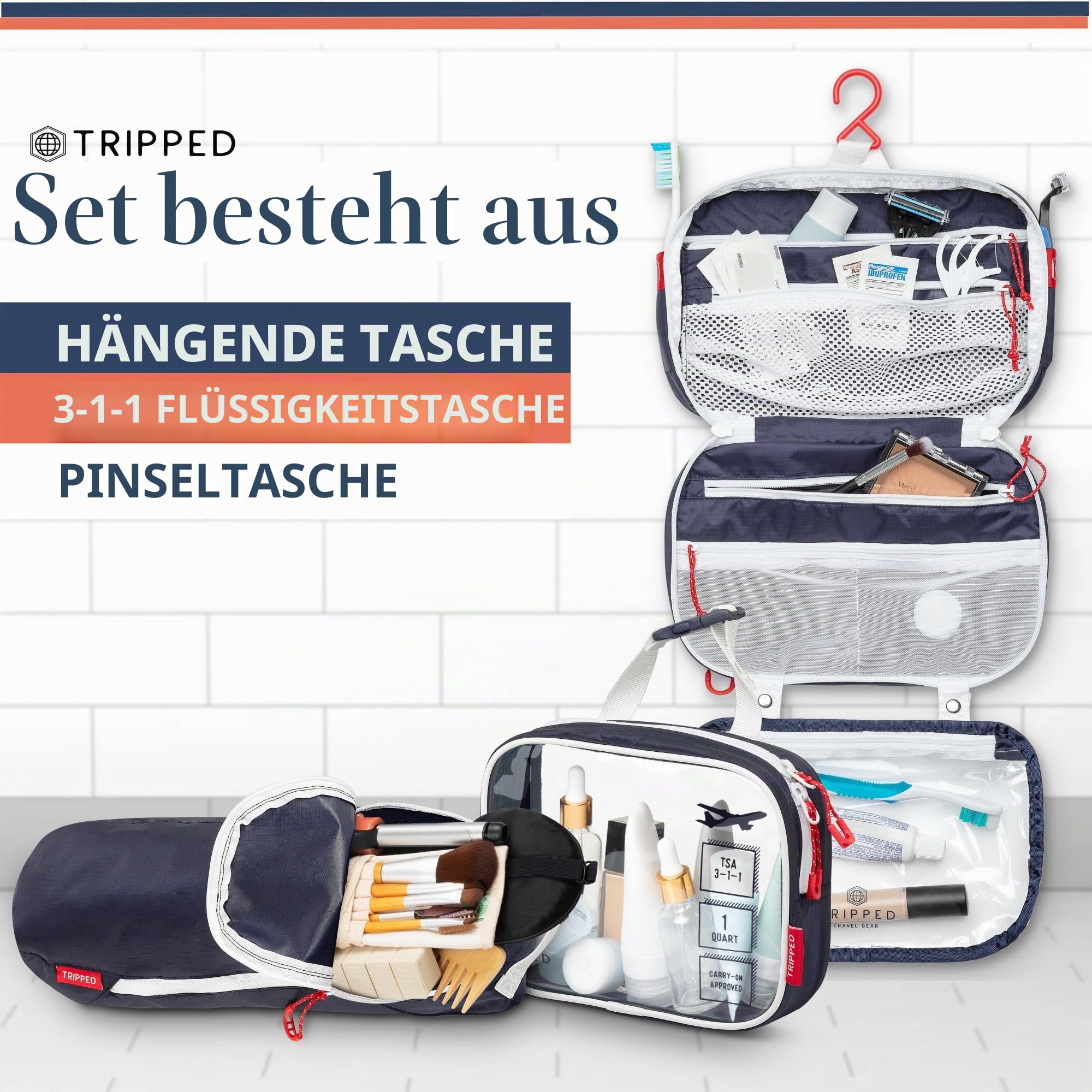 Kulturbeutel-Set: Hängende Reise-Kulturbeutel + 311 TSA-Kosmetik-Flüssigkeitstasche + ultraleichte Zubehör-Organizer-Tasche