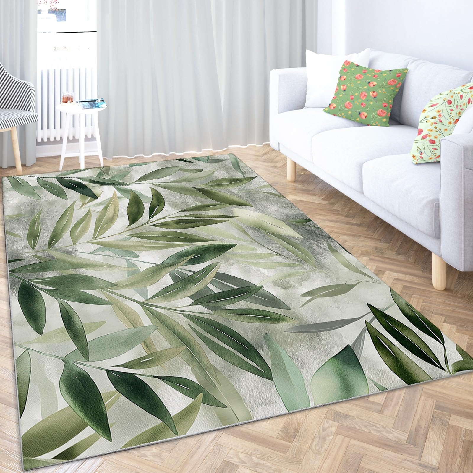 Generico Tappeto Salotto Moderno 120x180cm Giungla Foglie Verde Salvia Tappeti Camera da Letto Lavabile, Tappeto Soggiorno Pelo Corto Moderni Morbido Antiscivolo Tappeto Decor Interno