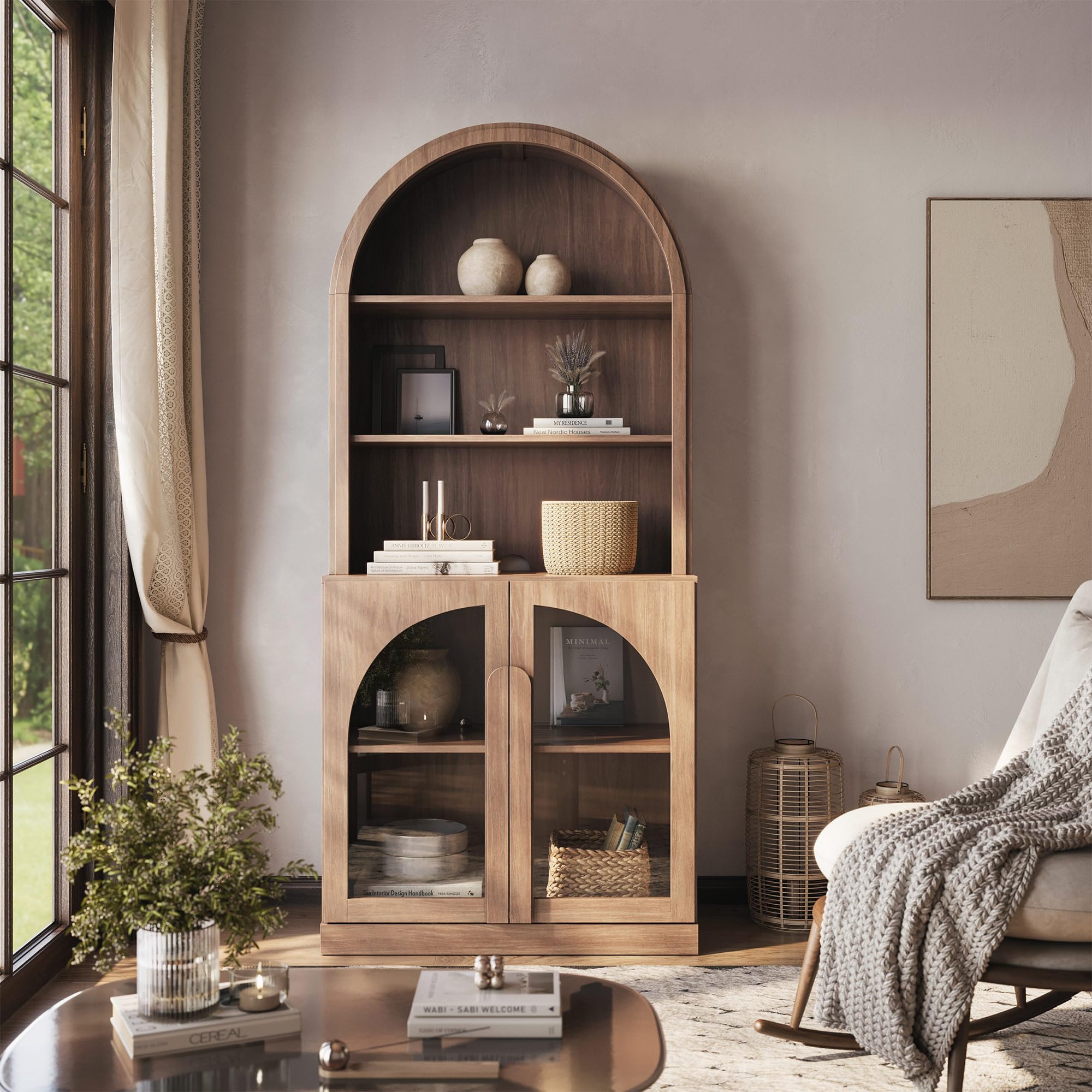 BELLEZE Arched Bookshelf with Glass Doors, 71" Tall Wood Display Cabinet with Adjustable Shelf and Hutch, 5 Tier Modern Bookcase Shelf with Storage