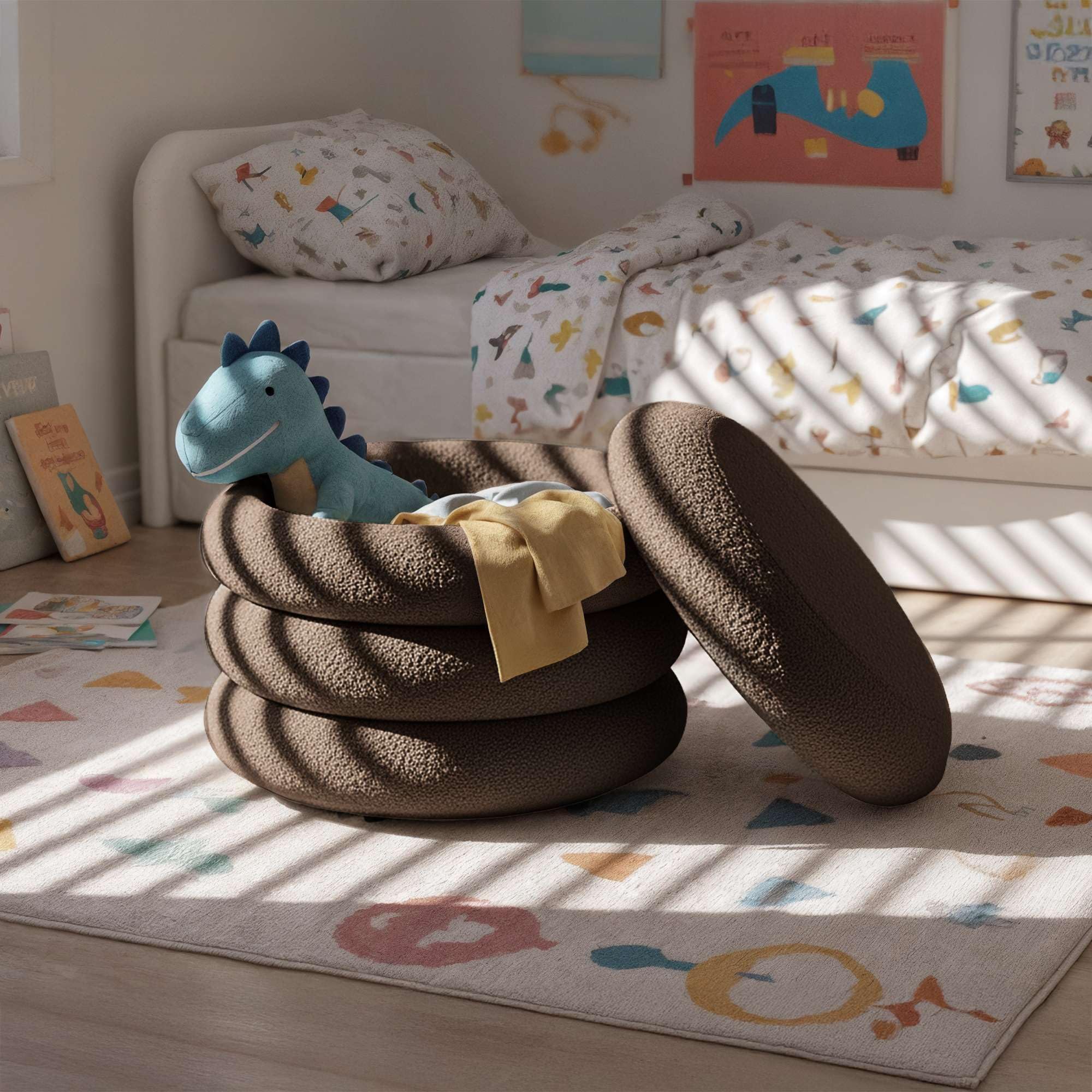 AKORD Teddy-Sitzhocker aus Samt mit Stauraum MOLLIS 55 cm, Fußstütze Rund, Polsterhocker für Schminktisch, Schlafzimmer, Wohnzimmer Möbel, Make-up-Hocker, Gepolstert, Braun