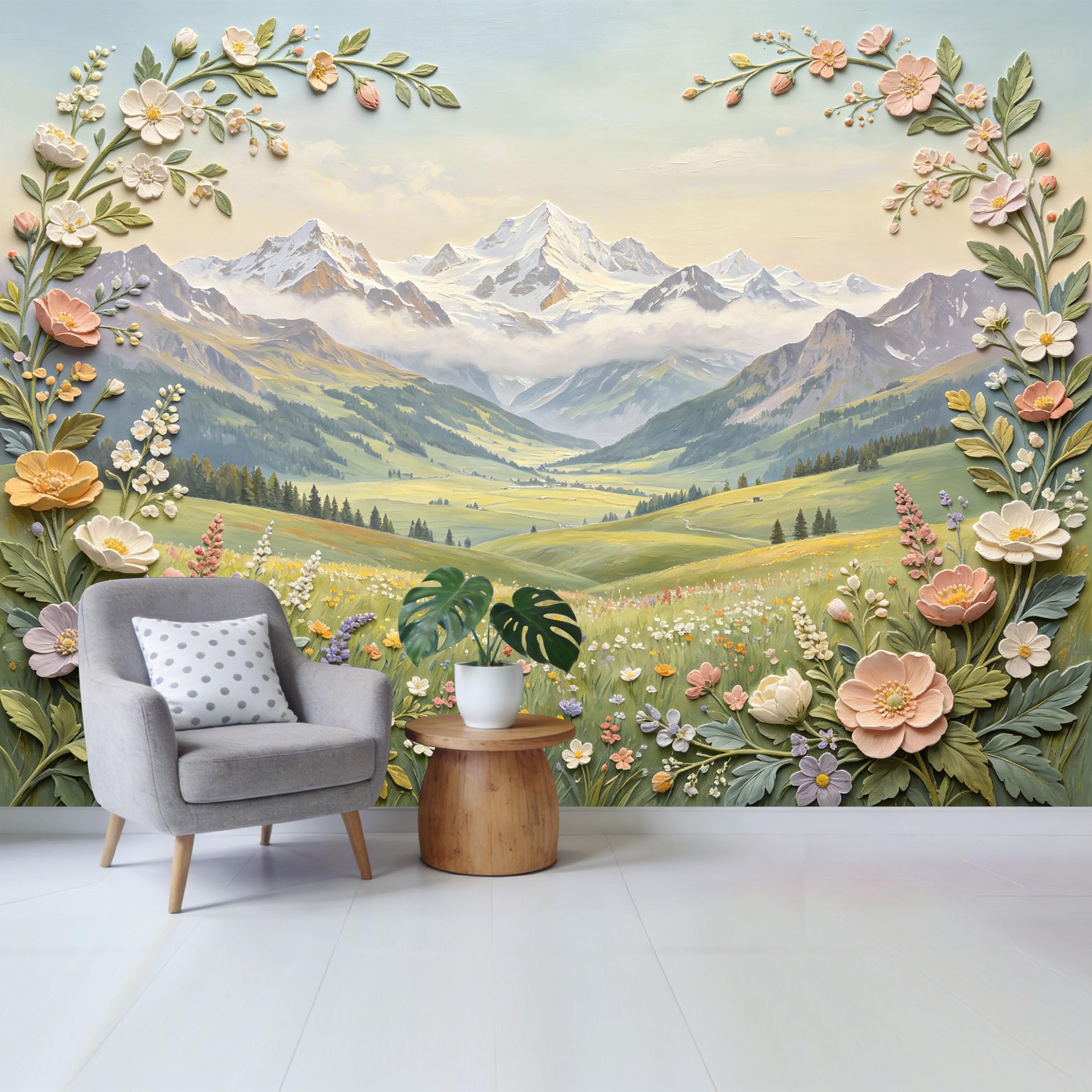 Custom Size Wall Mural Snowy Mountain Peak Alpine Meadow Wildflower Botanical Oil Painting SelfAdhesive Wall Fabric Removable Wallpaper for Home Office Decor