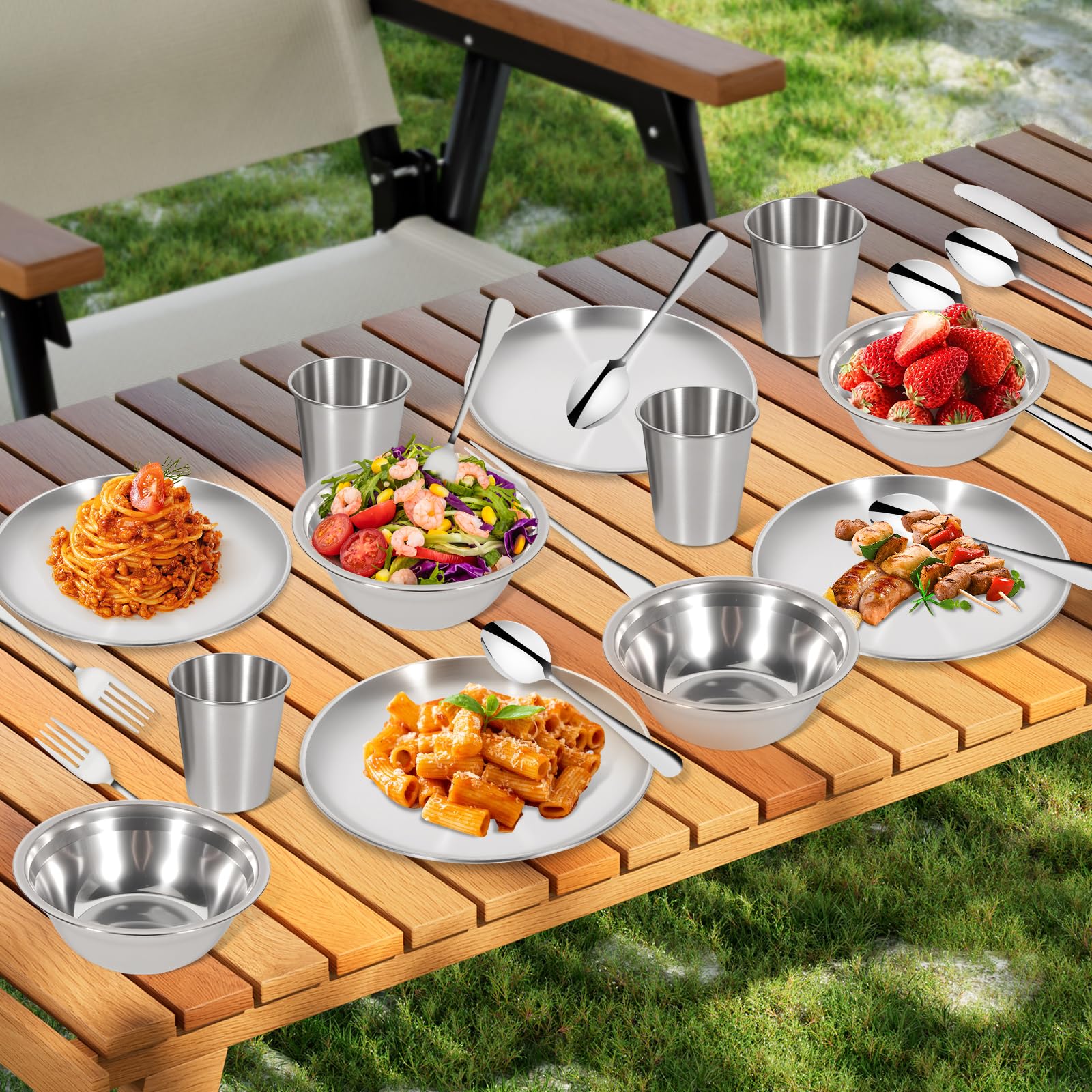 REDCAMP Campingbesteck Set 4 Personen, 29 Teiliges Outdoor Picknick Reisebesteck aus Edelstahl mit Etui Schüsseln Teller Tasse Messer Gabel Löffel, Camping Geschirr Set für Reisen Wandern