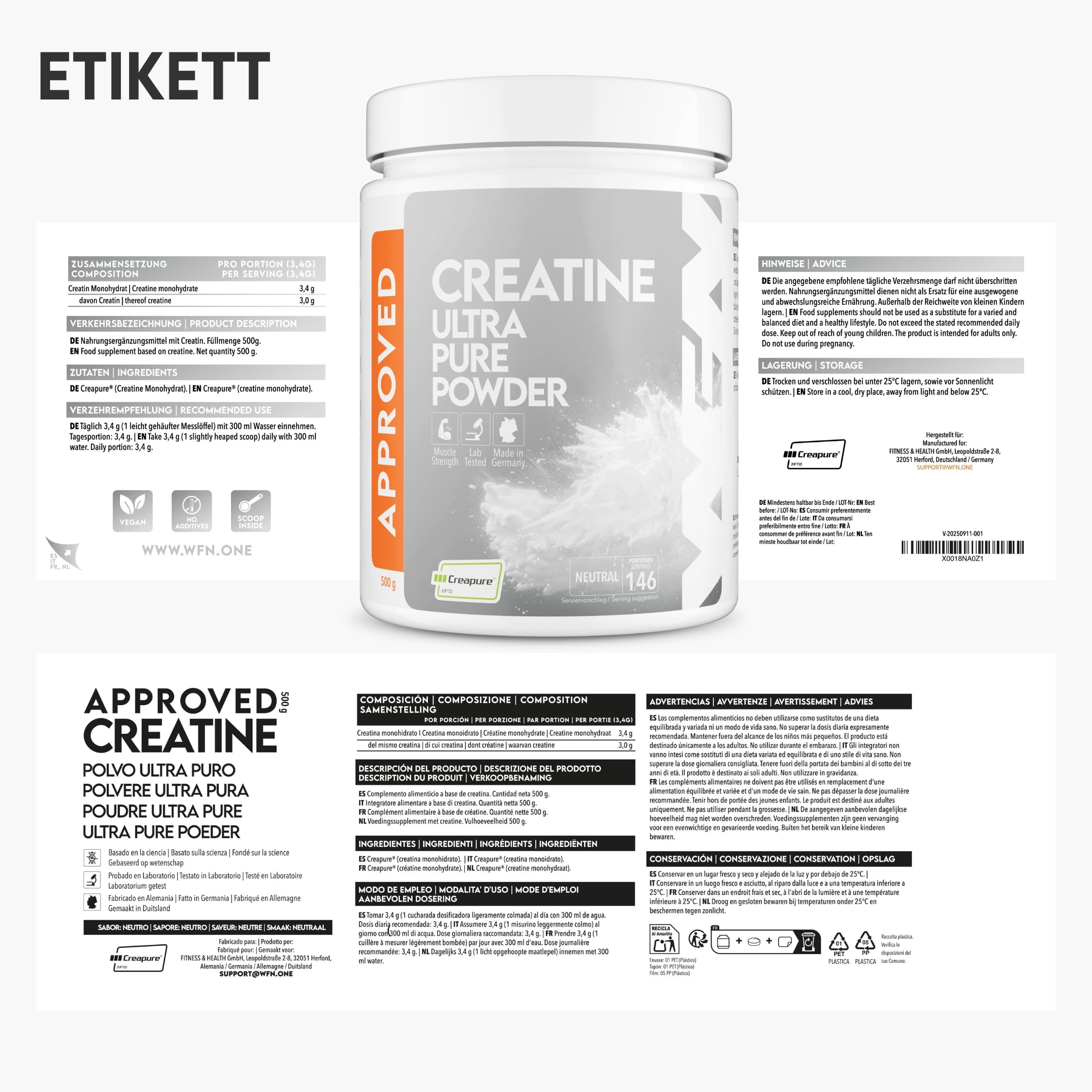 WFN Approved Creatine - Creapure - Creatin Monohydrat Pulver - 500g Dose - Reines Kreatin Pulver - Vegan - Neutral & Ohne Zusätze - 146 Portionen - Made in Germany - Extern laborgeprüft