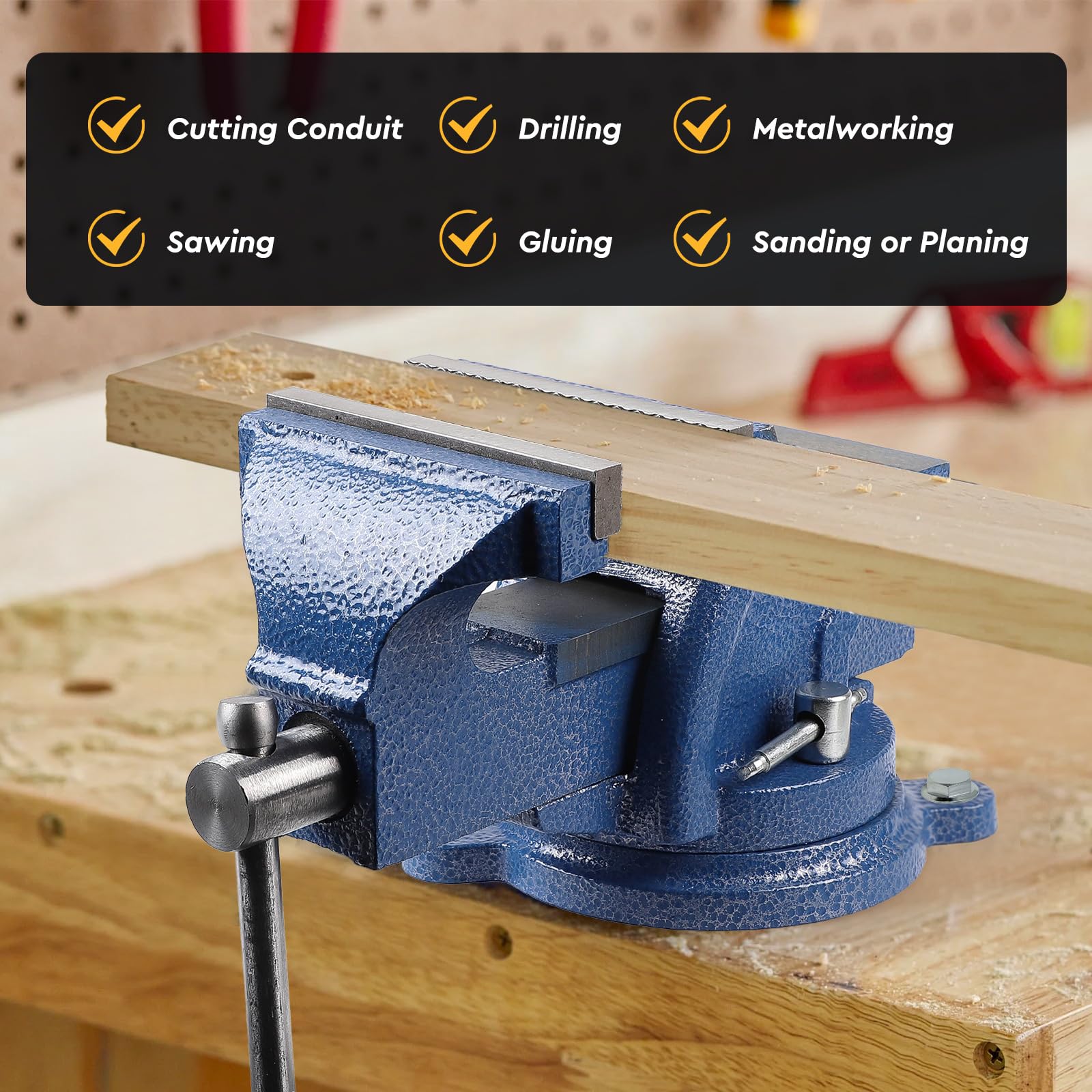 SWAWIS Morsa da Banco in Ghisa con Base Girevole 360 °, Larghezza Ganasce 100mm, può Essere Utilizzato per Fissare Pezzi di Legno e Metallo(Blu)