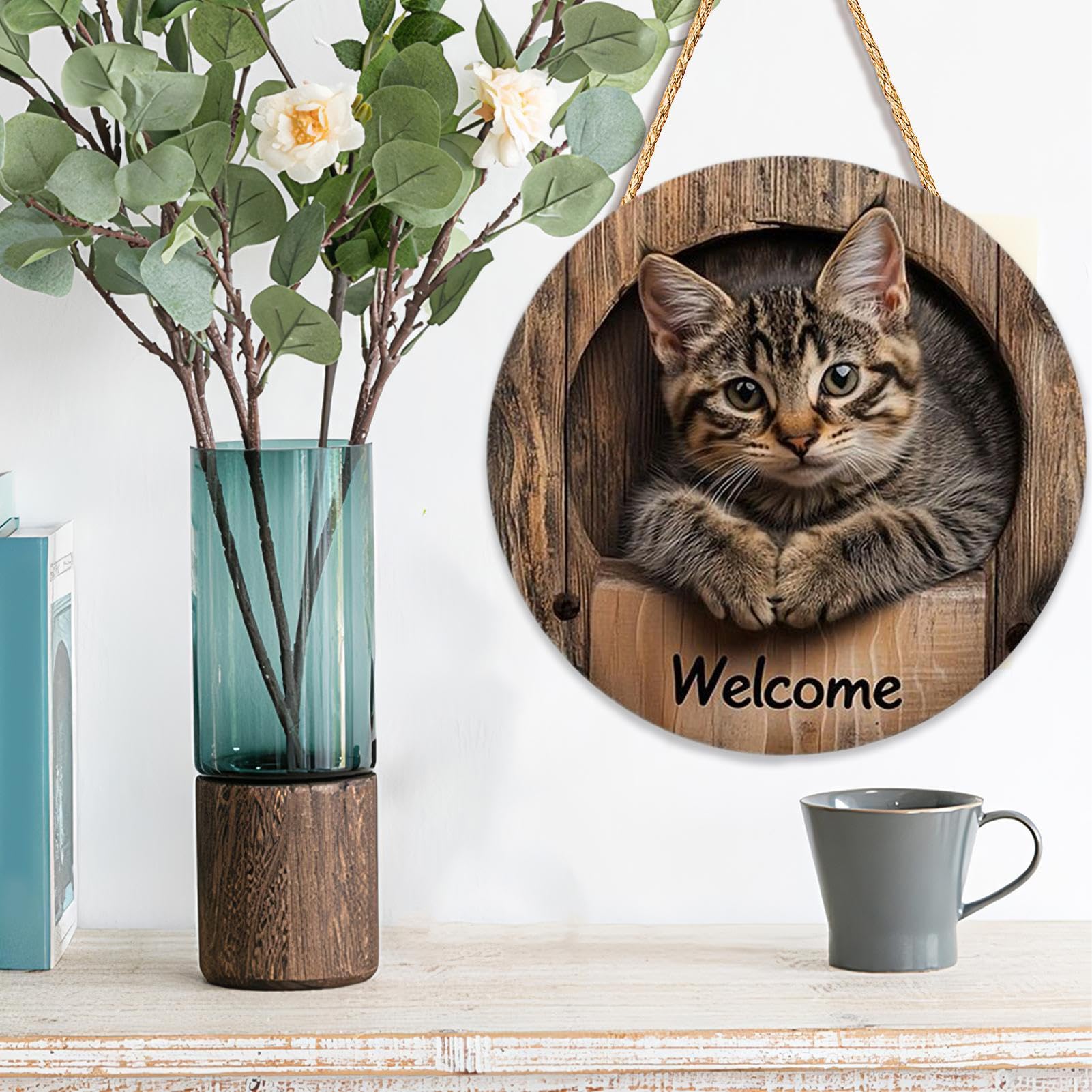 Cartello per porta di benvenuto con gatto per porta d'ingresso e