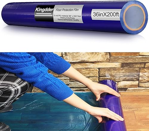 Miniatura 1 de Película de protección para pisos, rollo de película protectora de piso azul autoadhesiva transparente para suelos de madera dura, azulejos y