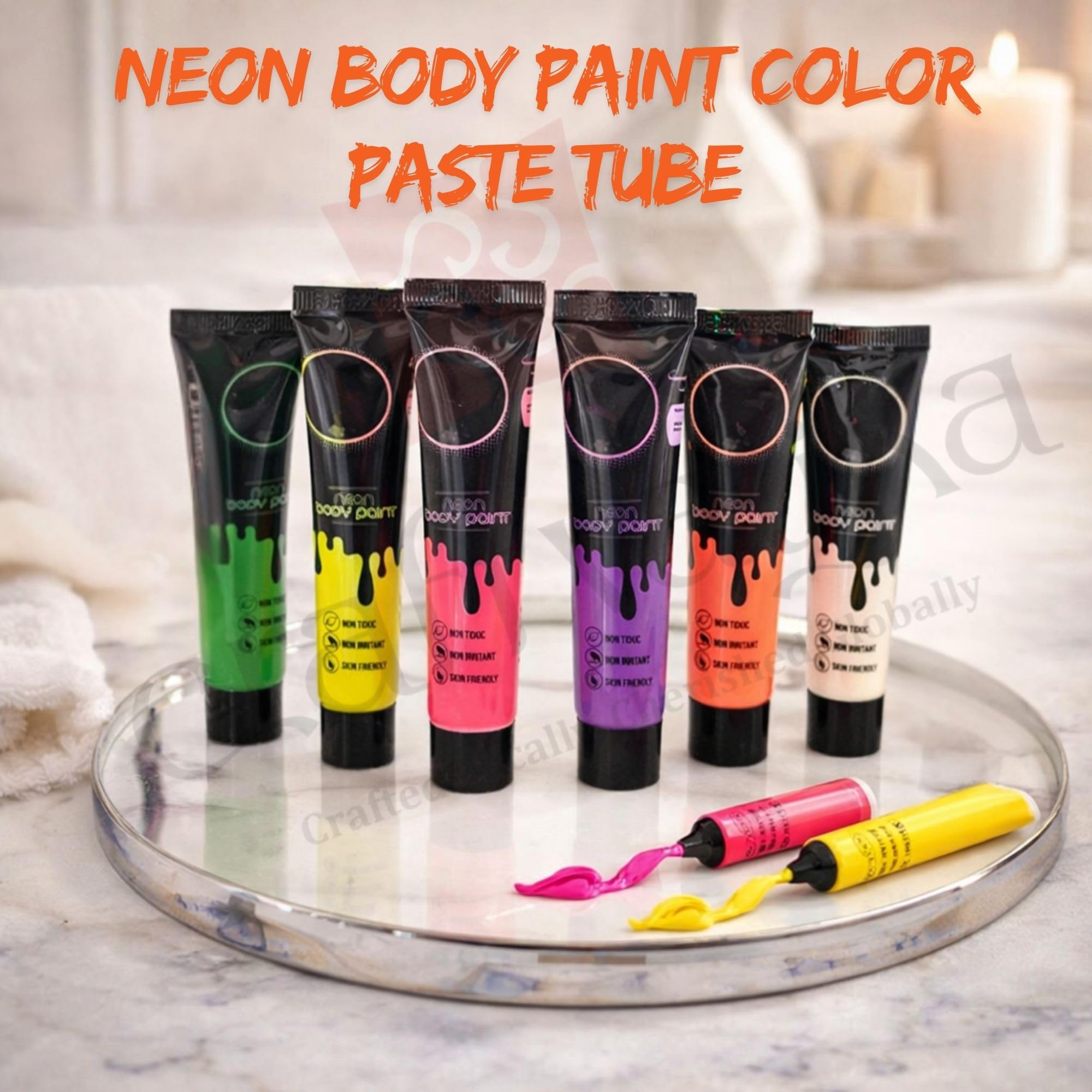 CraftVatika Holi Ke Rang Gulal with Neon Body Paint Color Paste Tube Combo Pack for Holi Festival, Face Paint, Skin Friendly Neon UV Glow Colour Paint (6 Tubes, 5 Pouch 300g) 2