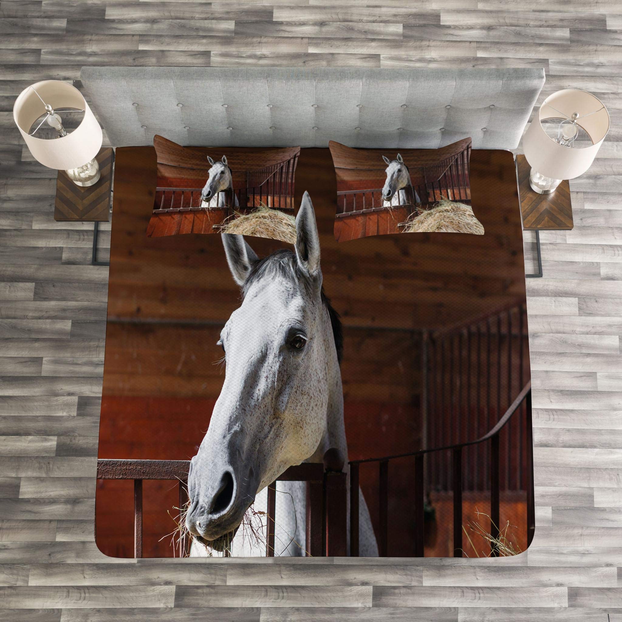 Lunarable Colcha De Caballo, Heno Joven Que Come Yeguas En Establo Rústico Granero, Estampado Divertido De Animales, Juego De Colcha Acolchado Decorativo De 3 Piezas Con 2 Fundas De Almohada, Tamaño