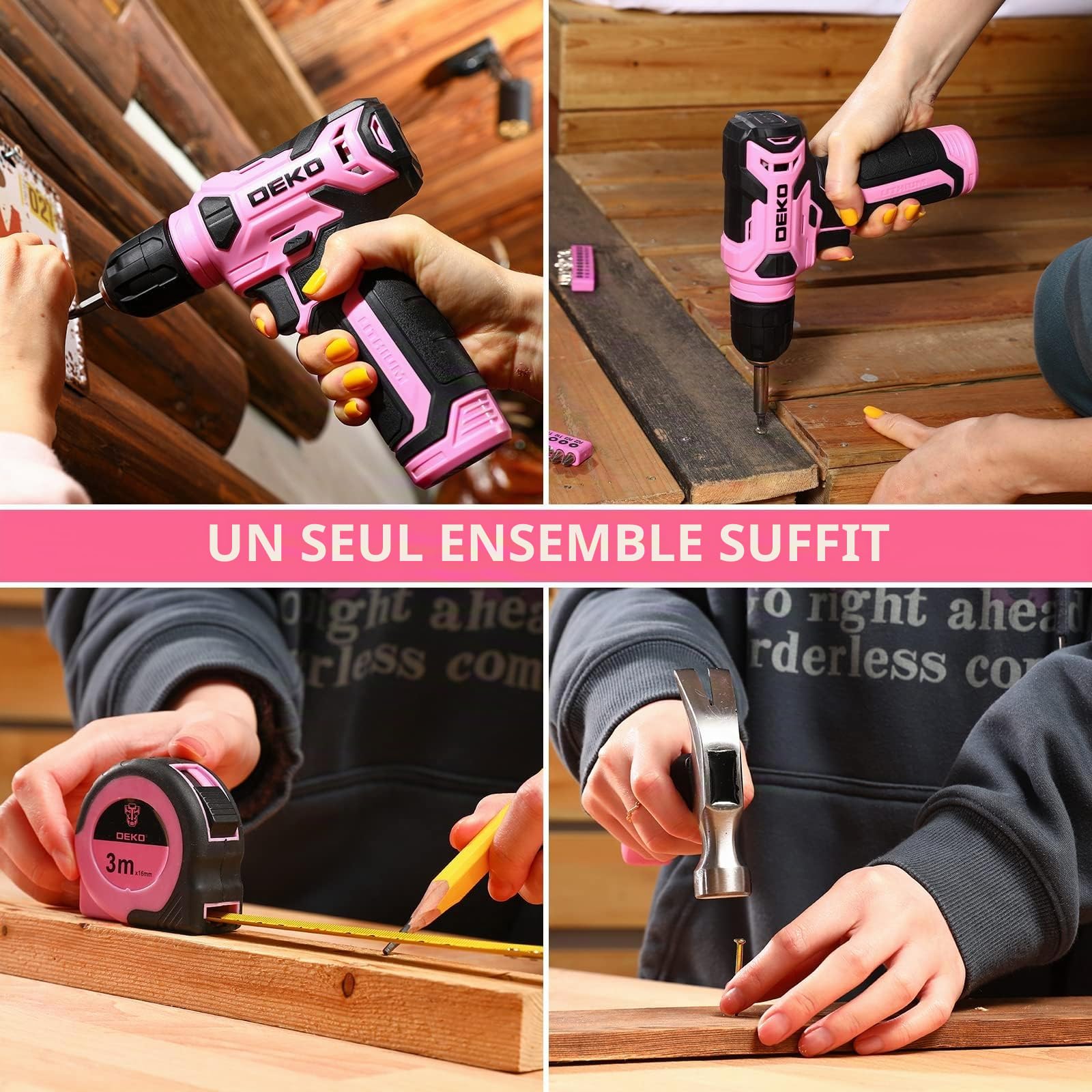 DEKO Caisse a Outil Rose avec Perceuse Visseuse Multifonction Sans Fil 8V, 126 Pièces Malette Outils complete, Ensemble d'Outils avec Perceusepour Réparation, Entretien et Travail
