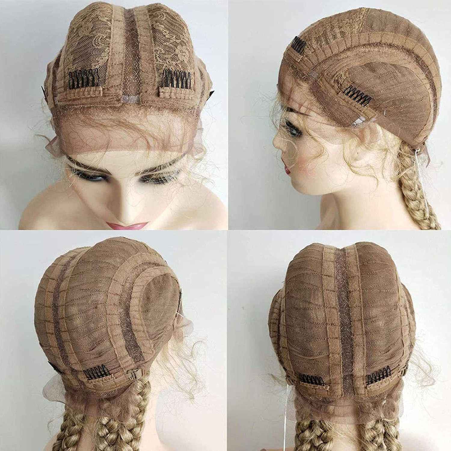 Lace Front Braided Wigs for Women Mixed Blonde Brown Color Long Double Dutch Braid Wig with Baby Hair 360 Swiss 100% Hand Braids Frontal Lace Wig Lightweight Synthetic Heat Resistant Hair 30 Inch
