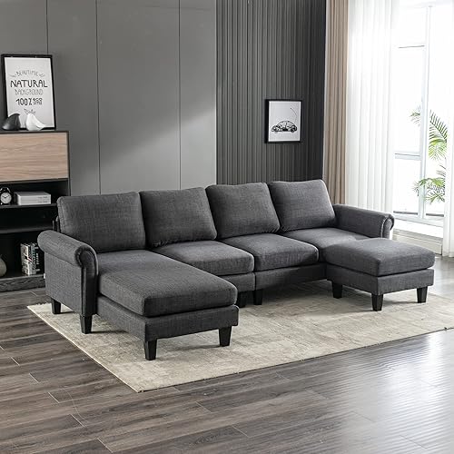 HomSof Juego de sofá modular en forma de U para sala de estar sofá moderno de mediados de siglo con tumbona y otomana lino gris carbón