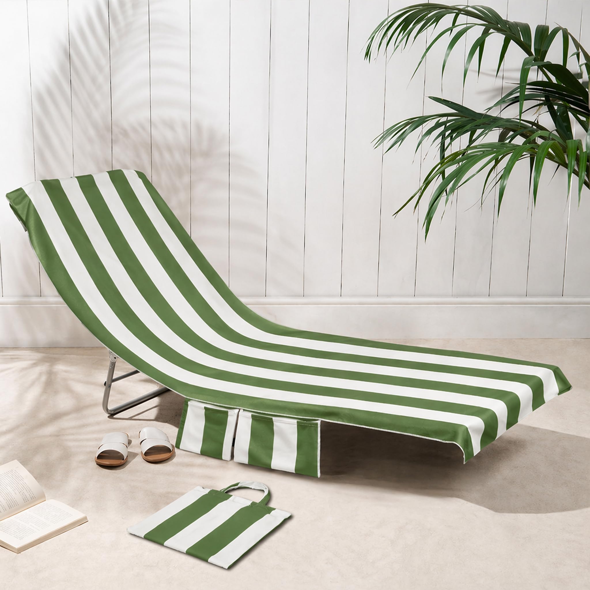 Olivia Rocco Sun Lounger Beach Towels Soft Quick-Dry Sand Free Absorbent Sun Bed Towel with Pockets Lightweight Large Beach in a Bag Holiday, Stripe Sage