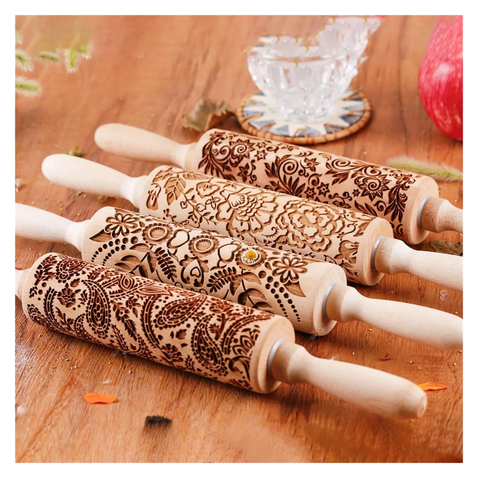 1 Rodillo de Madera con Estampado de Girasol for repostería, repostería y Galletas con Grabado Profundo. para Cocina, Pastelería(Color 2)