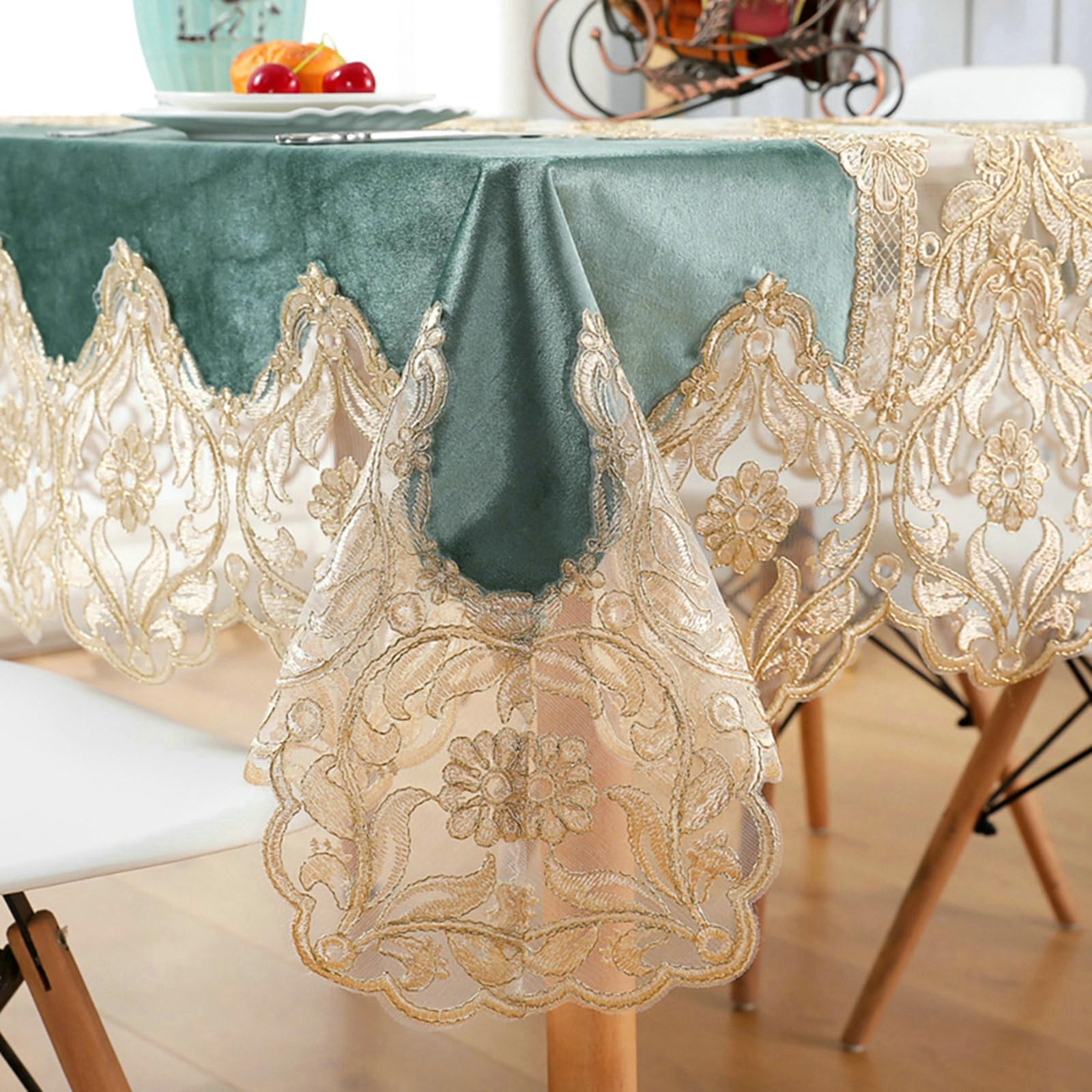 Tischdecke Abwaschbar 180x300 cm, Spitze Blume Stickerei - Samt