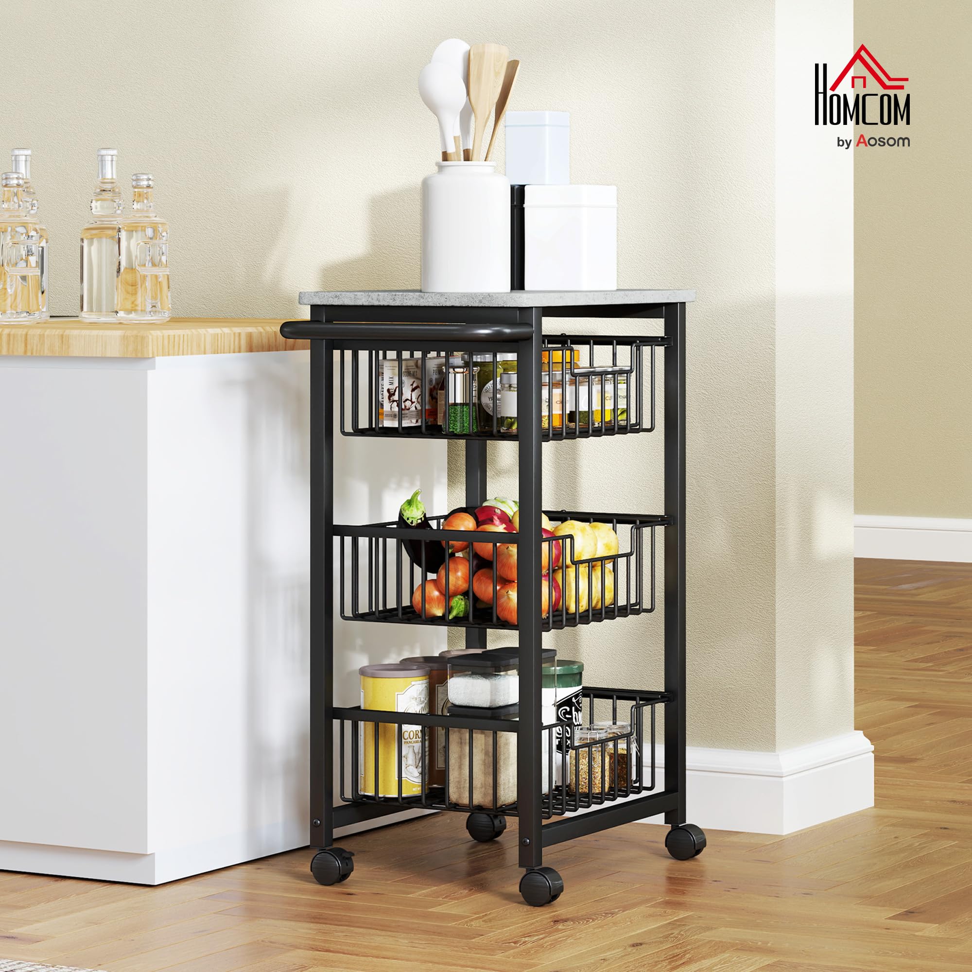 HOMCOM Chariot de Rangement à 4 Niveaux, 3 paniers extractibles, desserte à roulettes, Plateau et poignée, desserte Cuisine compacte pour Chambre, Salon, Bureau, 49,5x31x69cm, Gris Clair Noir