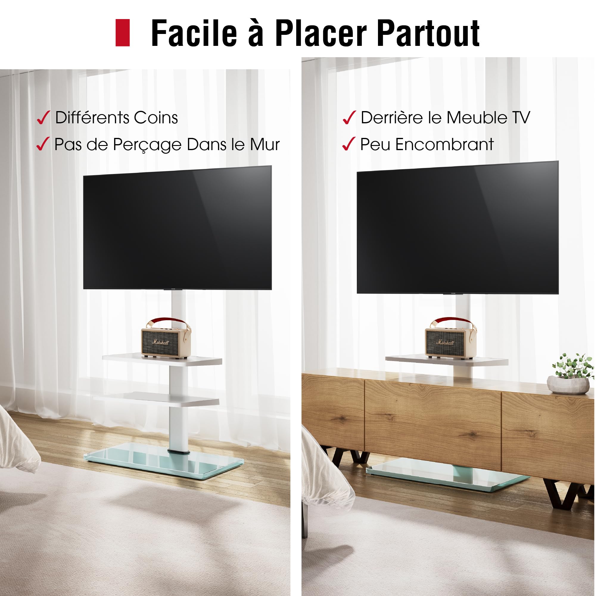 AOKCOS Support TV pour téléviseur Plat et incurvé de 32 à 70" - Hauteur réglable - Orientable - 3 étagères - VESA 400 x 400 mm