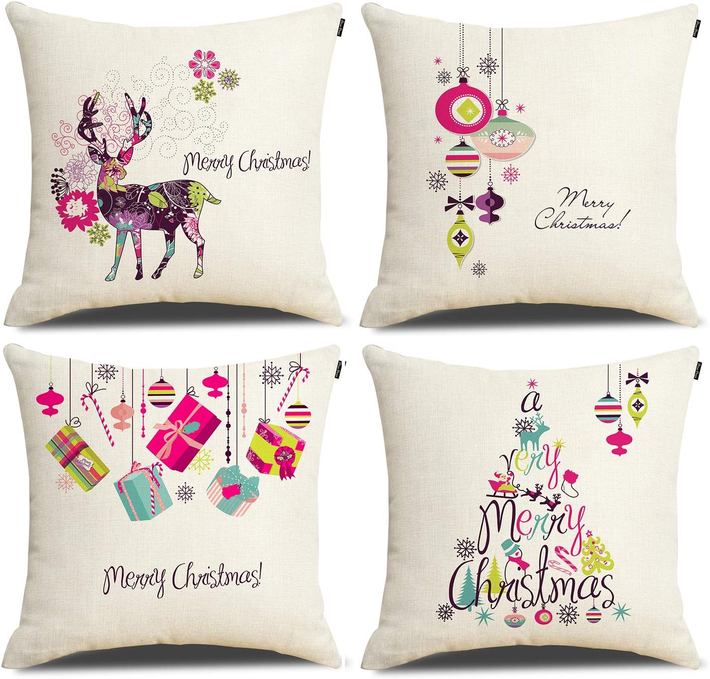 RUOAR Christmas Pillow Covers Set of 4 Throw Pillow Cases Decorative Pillow Covers for Home Car Decorative (Christmas Tree,Christmas Deer,Snowflakes) 18x18 inch