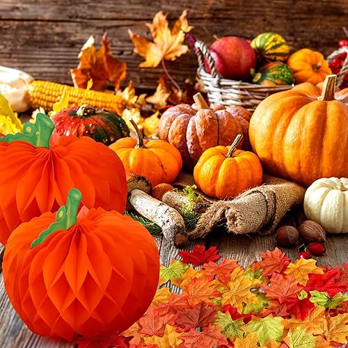 Miniatura 5 de Jaloro 5 piezas de calabaza de tejido de Acción de Gracias y 200 hojas de arce de otoño, calabaza artificial, panal, centros de mesa, hojas de arce