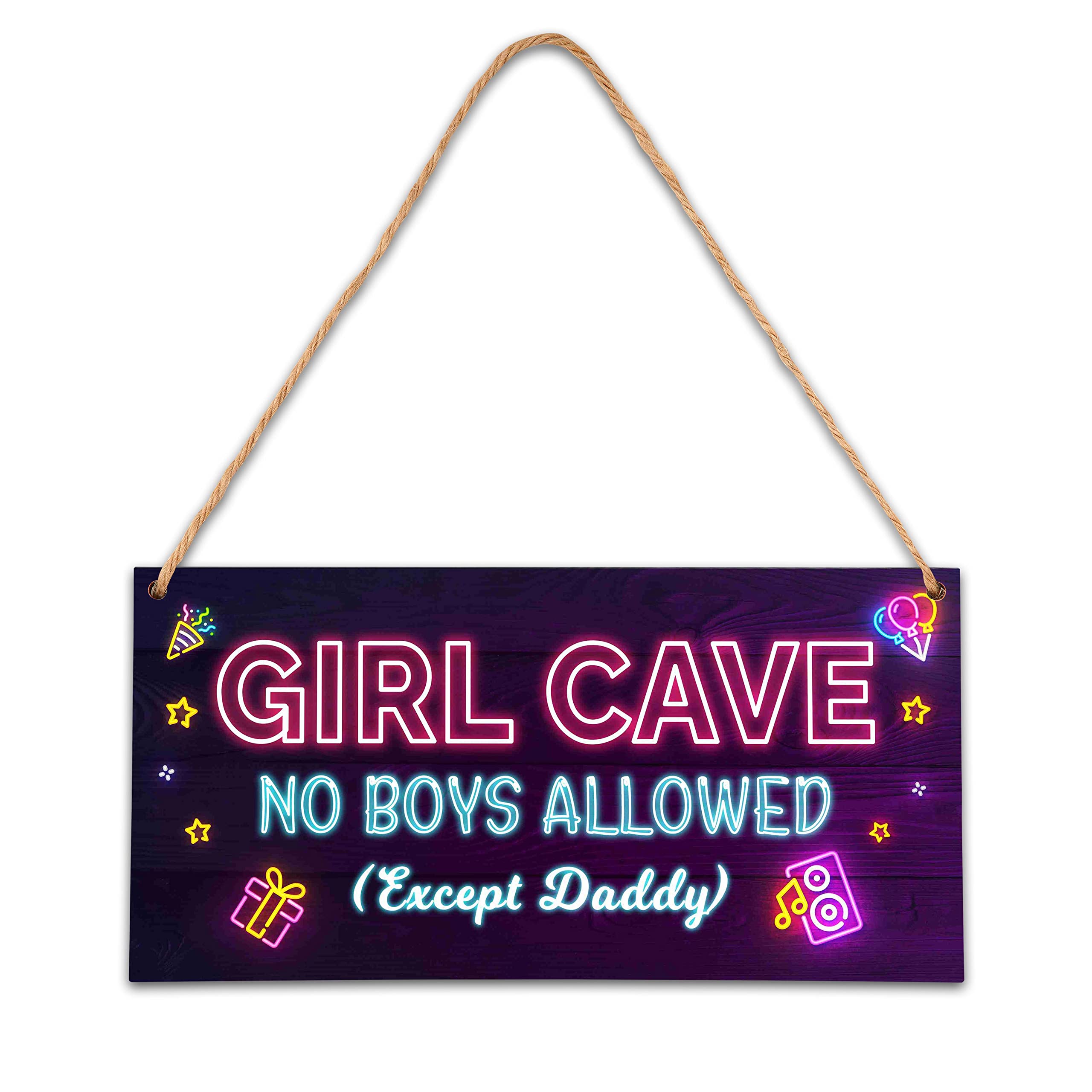 Girl Cave Sign, Neon Glow Pink Room Wall Decor Wooden Sign