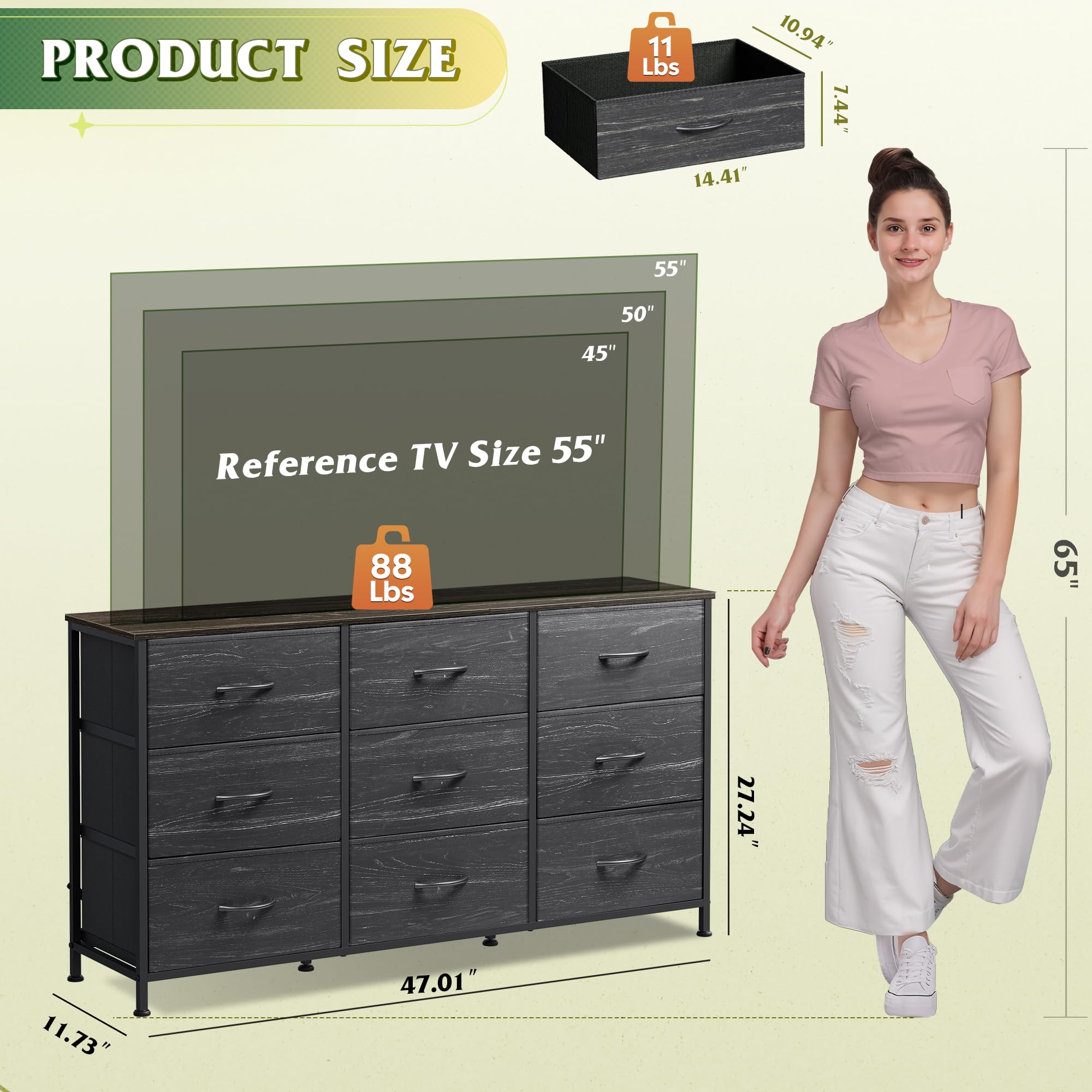 Amazon.com: WLIVE 47''W Dresser for Bedroom, Black Dresser TV Stand for 45,  50, 55 inch TV, Wide Chest of Drawers with 9 Drawer, Large Entertainment  Center, Fabric Dressers with Wood Top for