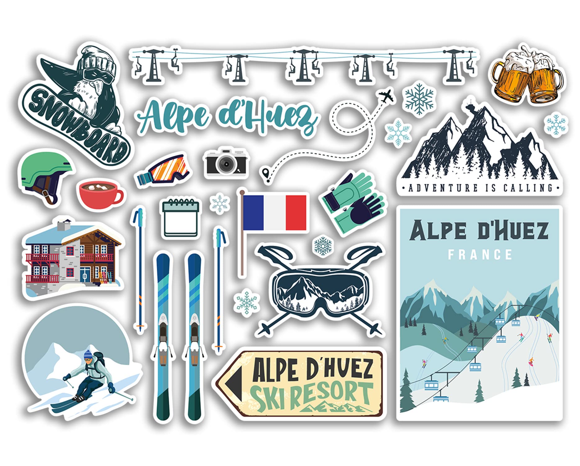Dv Design Multi A5 Sticker Sheet Alpe D'huez Vinyl Stickers - France French Ski Resort Mountains Snowboard Holiday Flag Travel Snow Sports Luggage Scrapbooking #79051