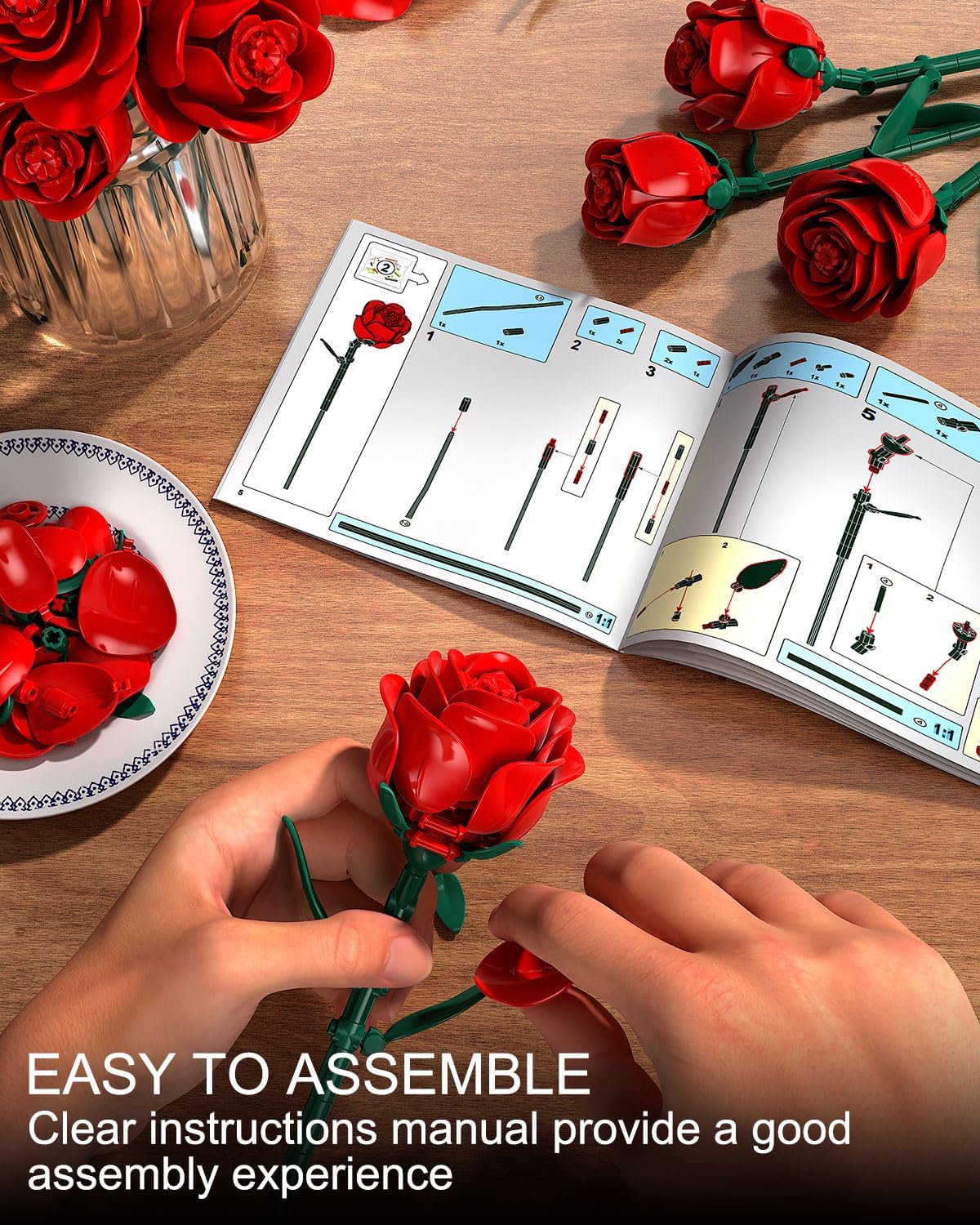 TYCOLE Red Rose Bouquet Building Set, 12 Artificial Roses Flower Building Blocks for Adult Women, Botanical Collection Home Decor Romantic Gift for Mother's Day Valentine for Adults Girls (512 PCS)