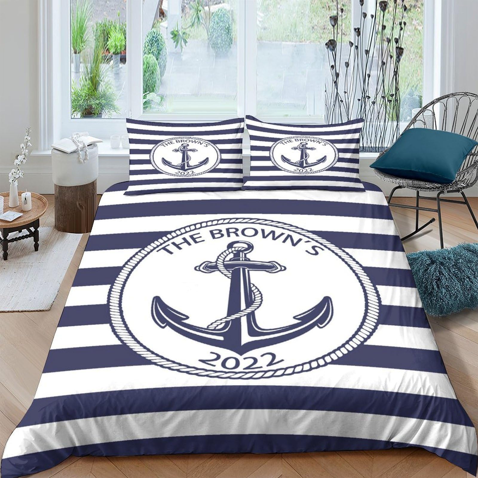 P5V6M1Q9 3D Printed Navy Anchor Stripe Duvet Cover Microfiber Bedding Set with 2 Pillowcases for Bedroom Decor Home Single（135x200cm）