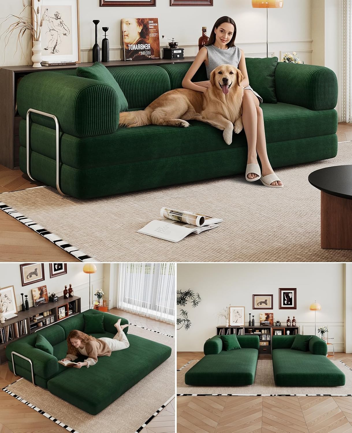Convertible Sleeper Sofa Bed with Cylindrical Pillow, 79 Inch Oversized Corduroy Upholstered Boneless Couch,Love Seat Floor Sofas Living Room,Small Space Apartment,Office (Green)