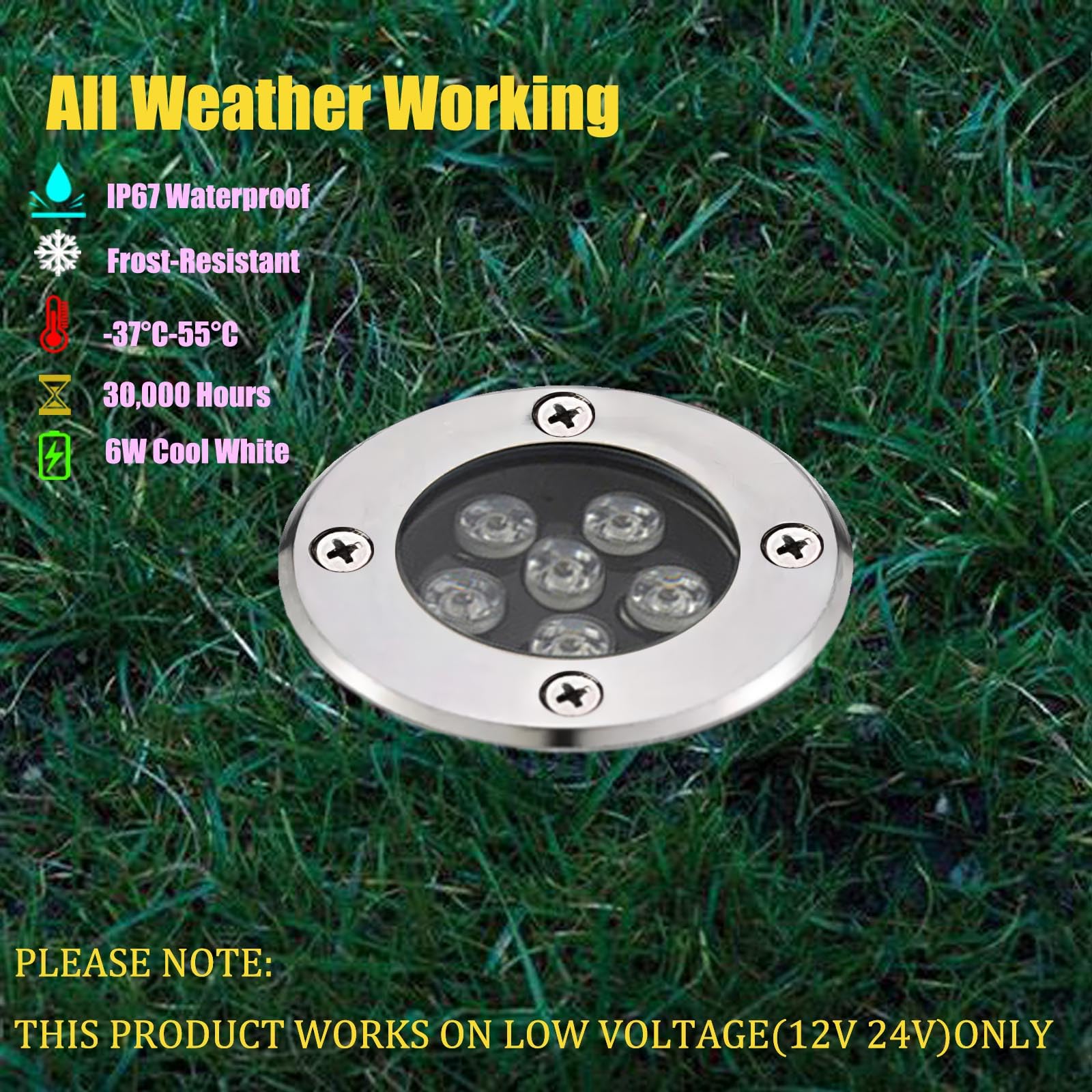 Lampy podłogowe LED zasilane prądem sieciowym, oświetlenie zewnętrzne, 6 W, 12 V, 24 V, IP67, wodoszczelne, niskie napięcie, do ogrodu, na podjazd, taras, 4 sztuki (zimna biel)