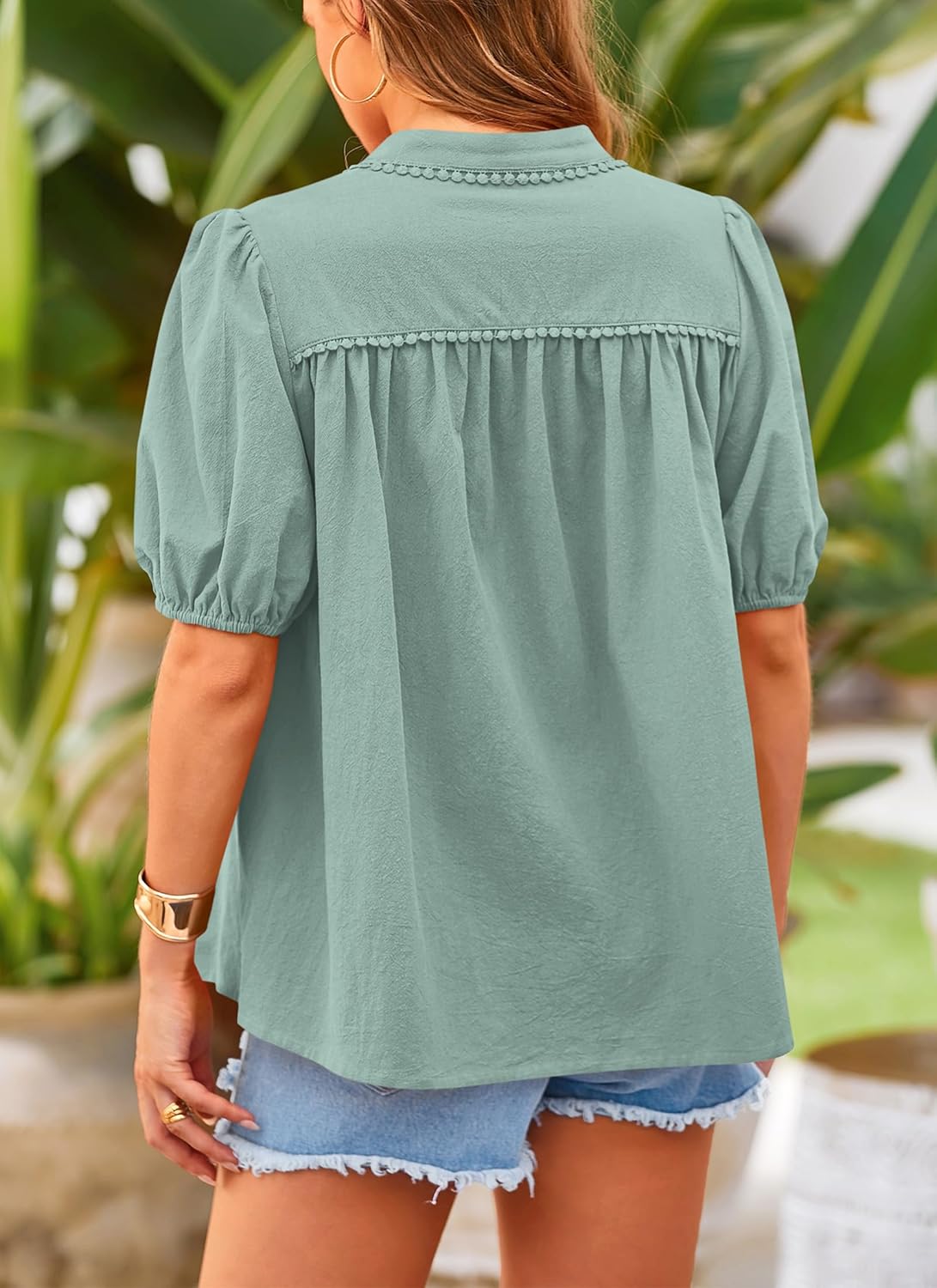 PRETTYGARDEN Women's 2026 Summer Button Down Shirts Short Lantern Sleeve V Neck Cotton Cute Tops Dressy Casual Blouses - Image 2